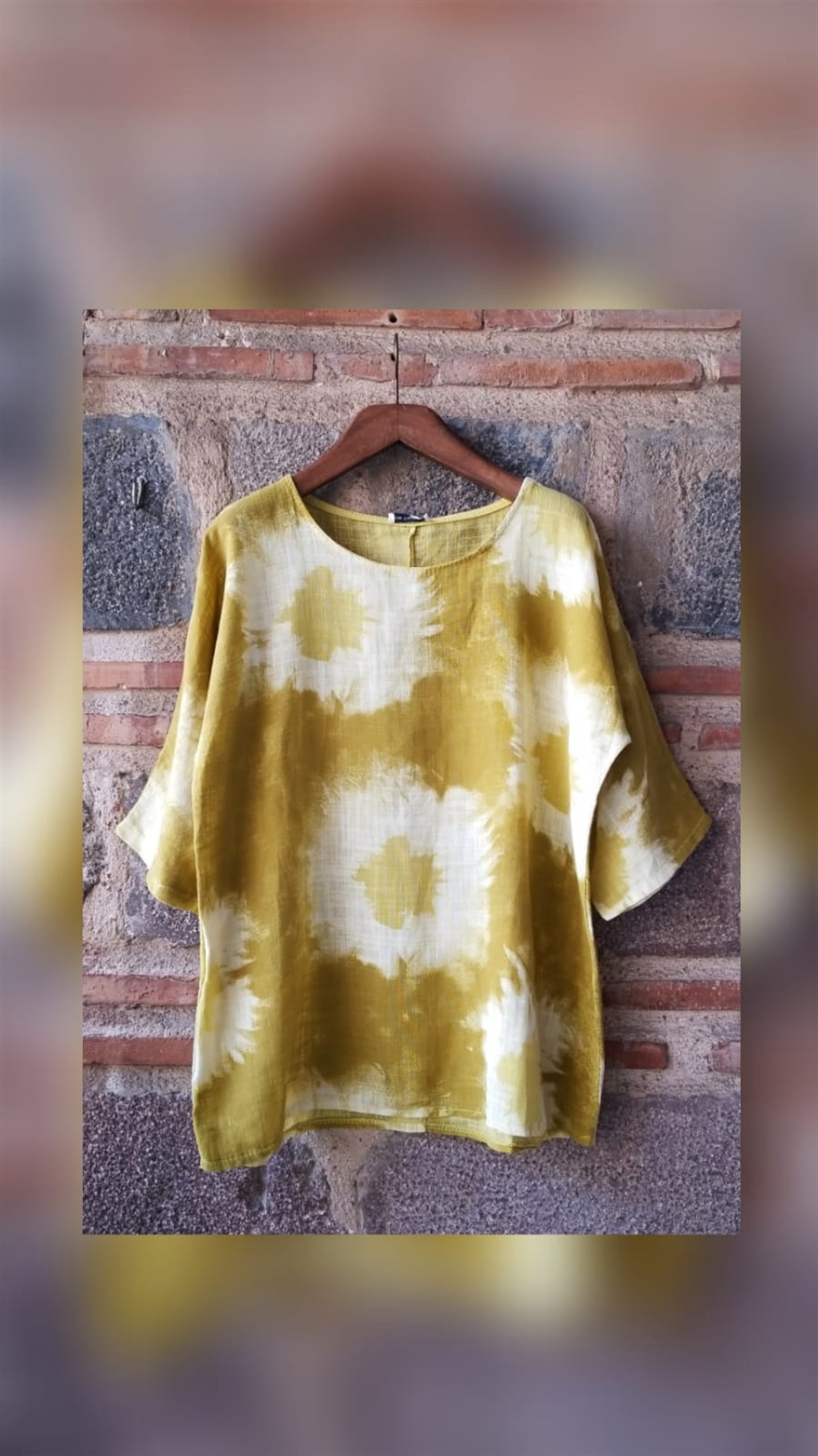 Asit Sarı Batik Desenli Keten Bluz