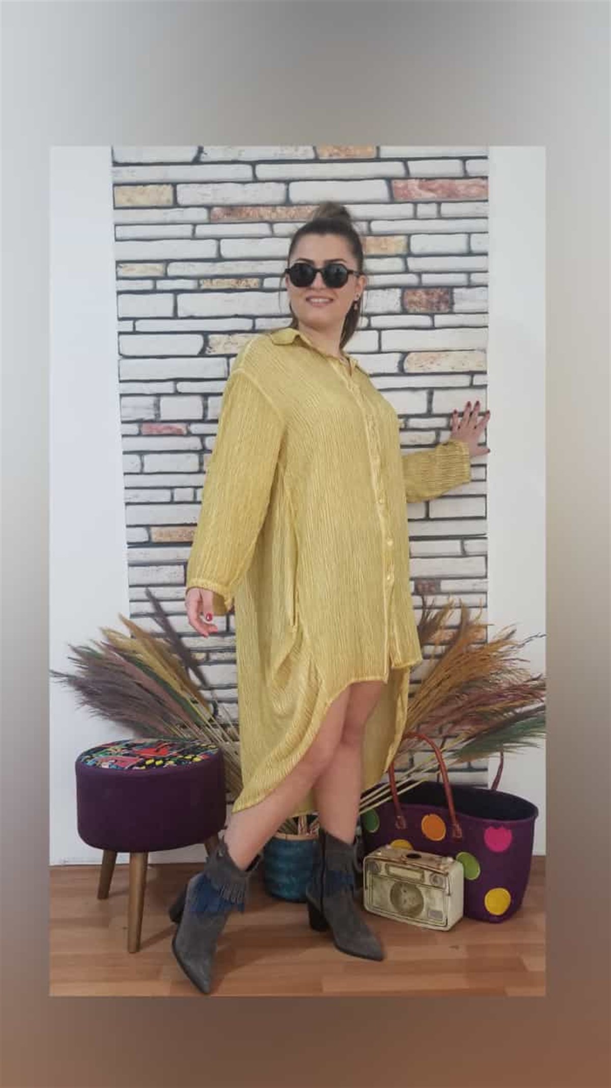 Asit Sarı Düğmeli Gömlek Elbise