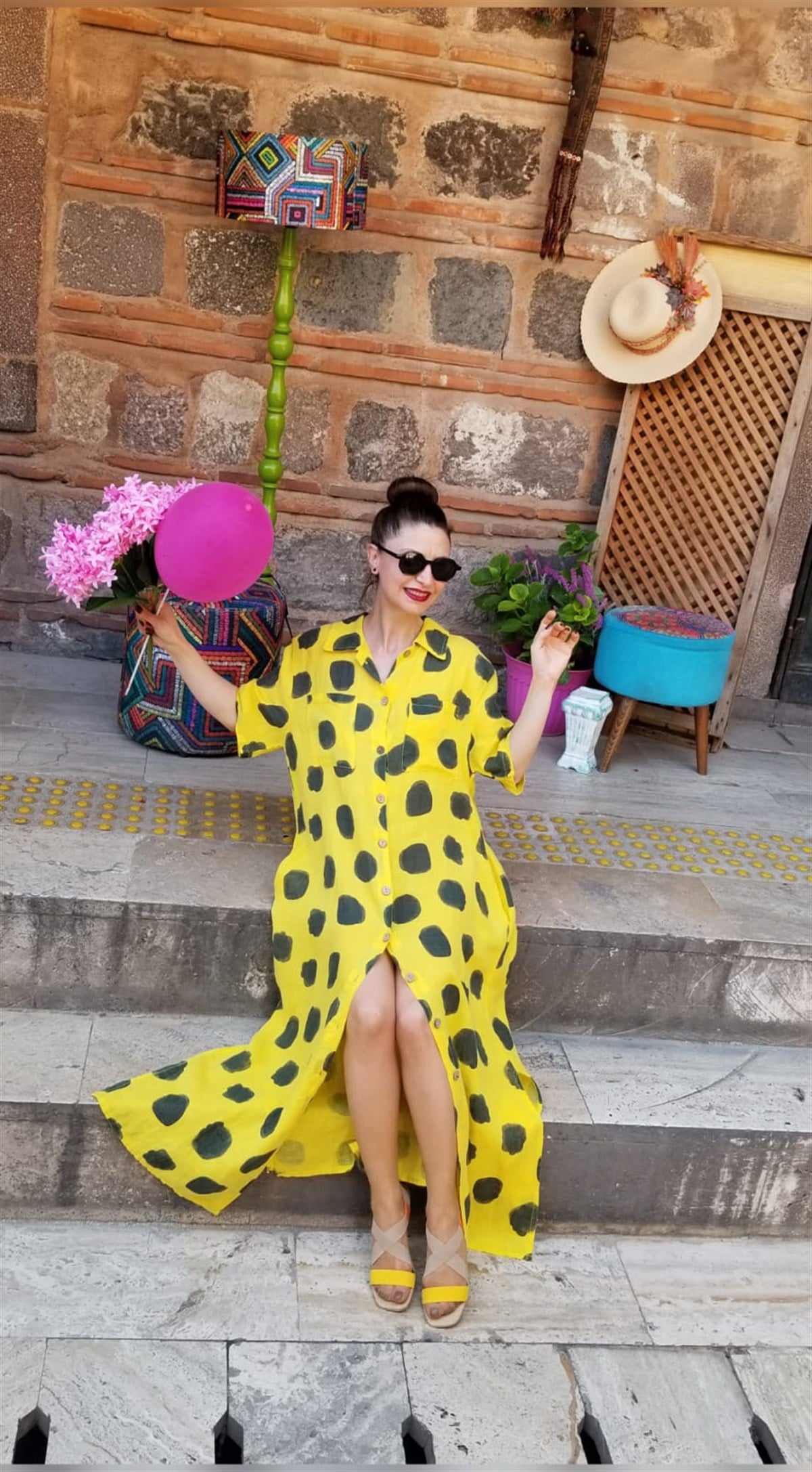 Asit Sarı Haki Puantiyeli Cepli Keten Elbise