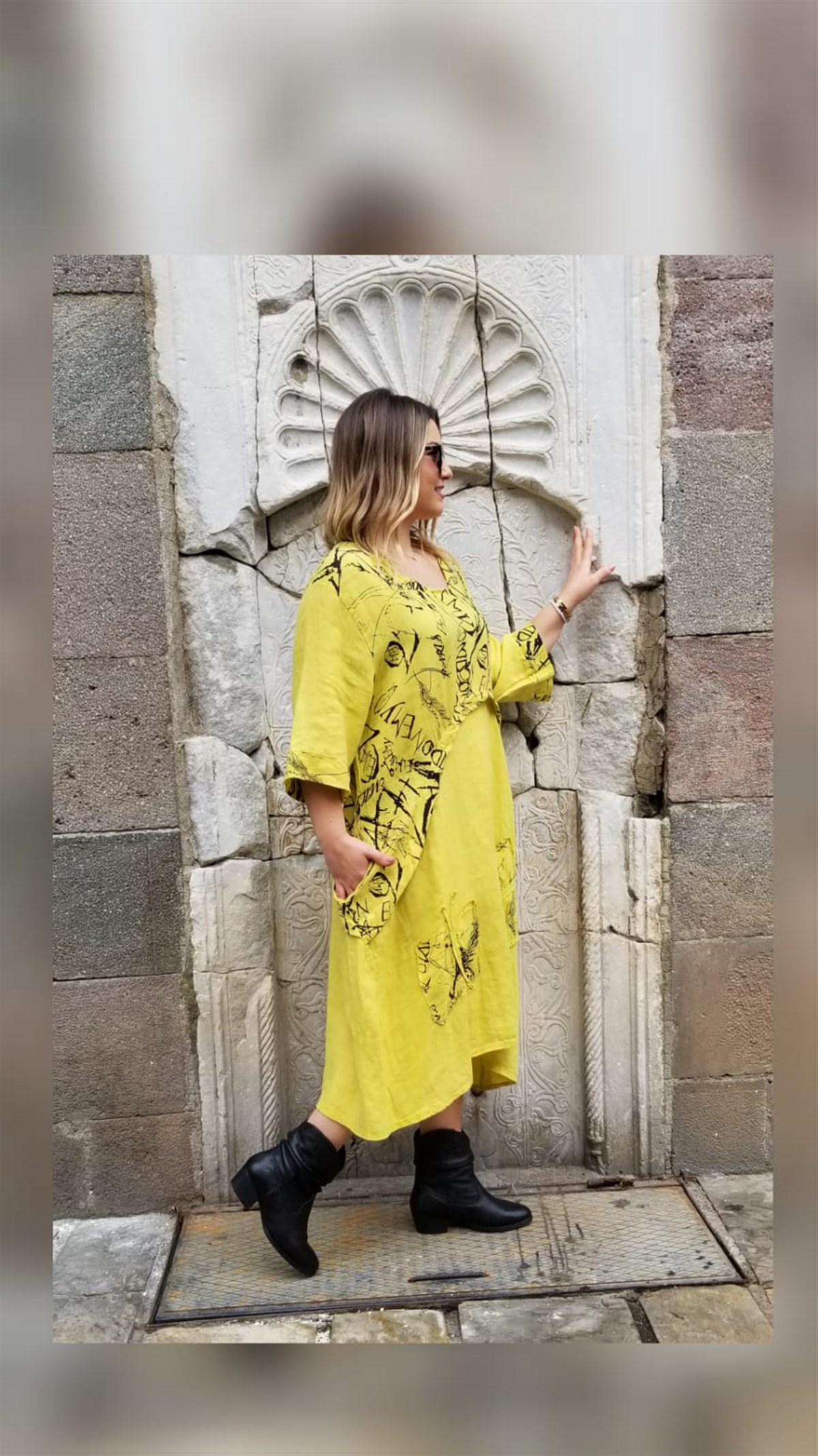 Asit Sarı İtalyan Keten Elbise 
