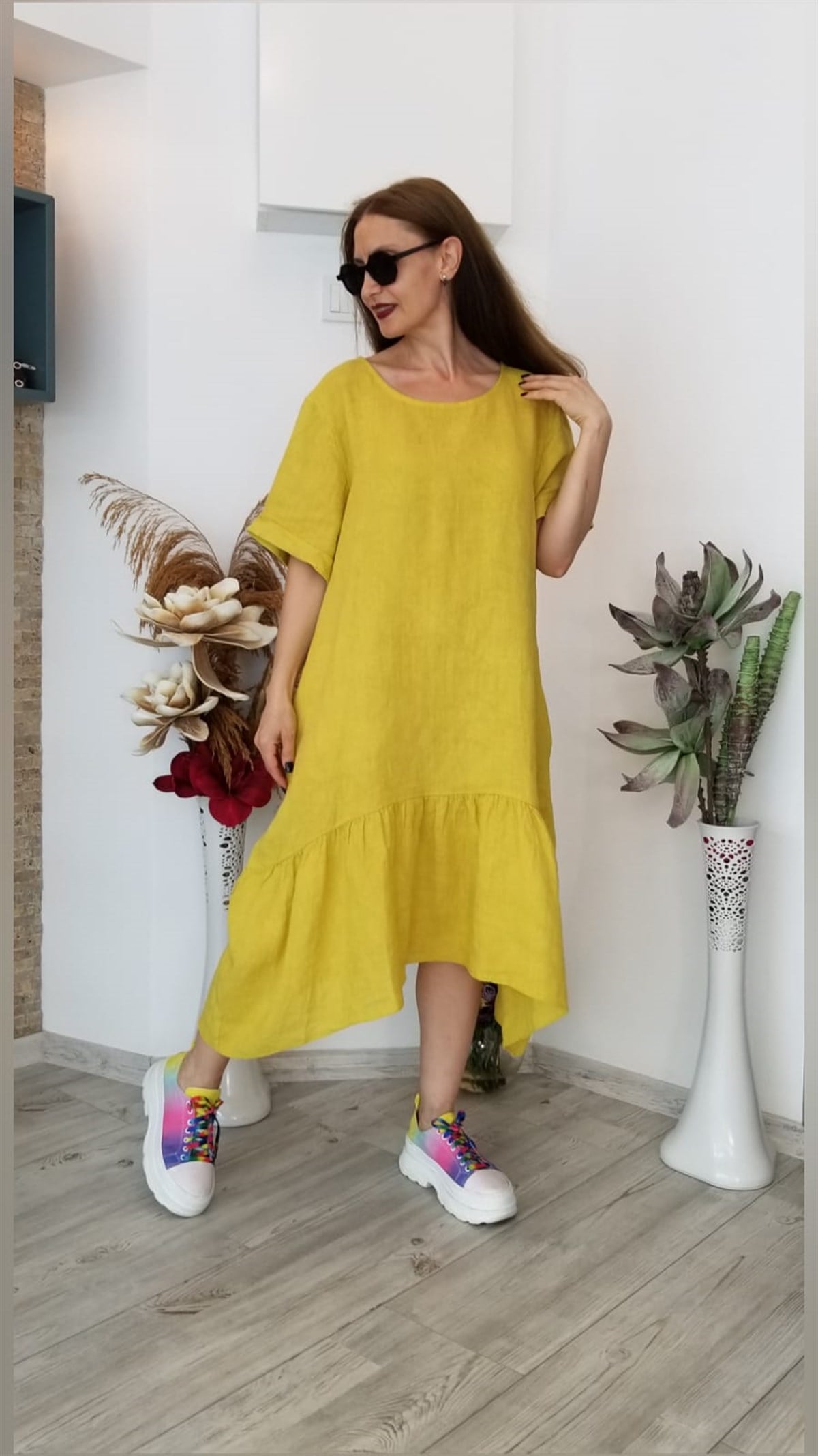 Asit Sarı İtalyan Keten Kumaş Elbise