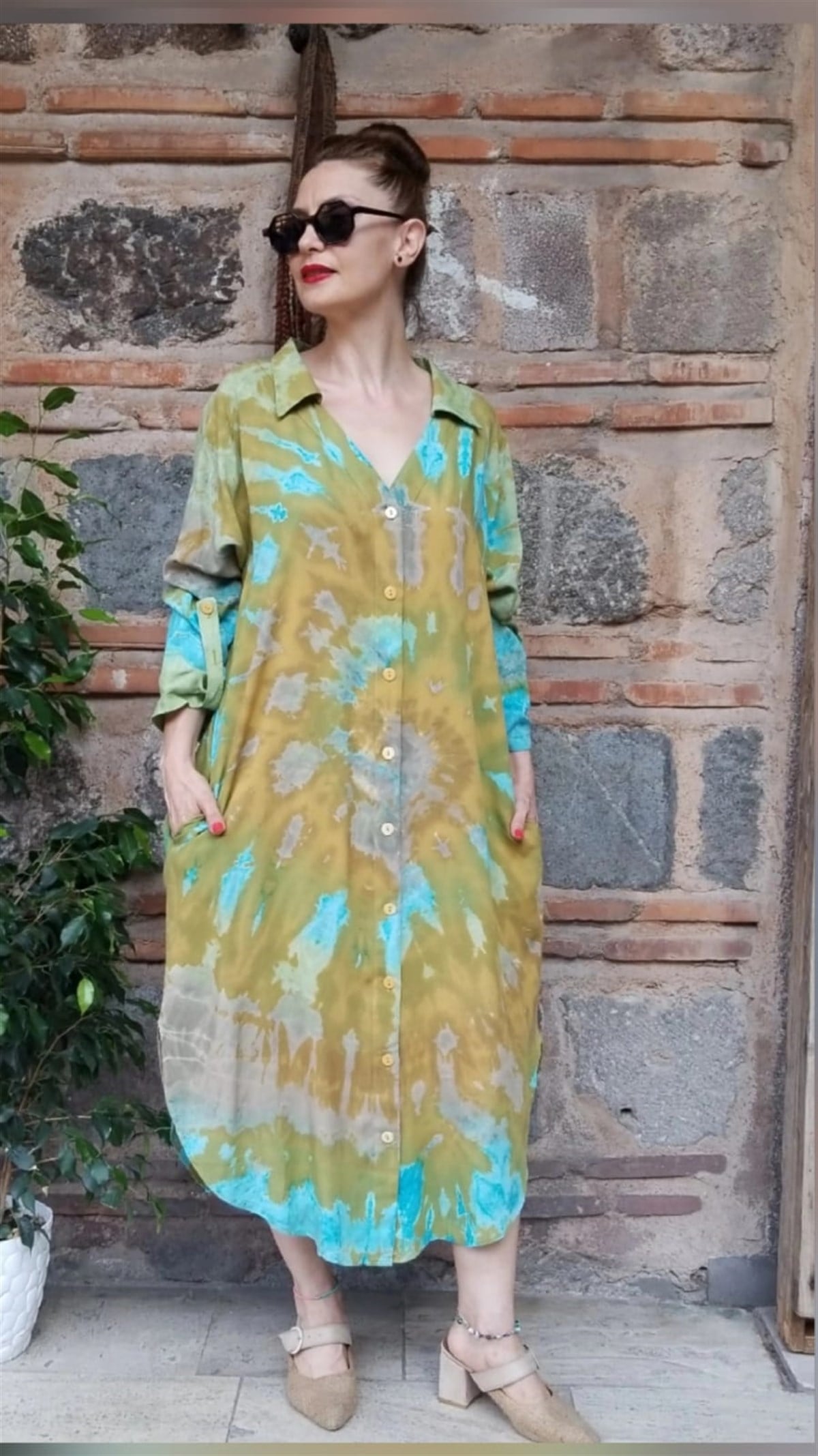 Asit Sarı Renk Batikli Önü Ful Düğmeli Gömlek Elbise