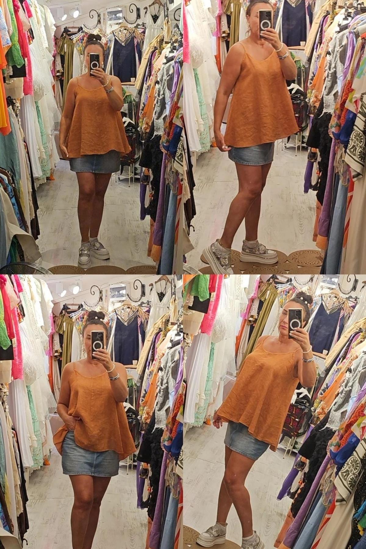 Askılı Keten Bluz Açık Taba