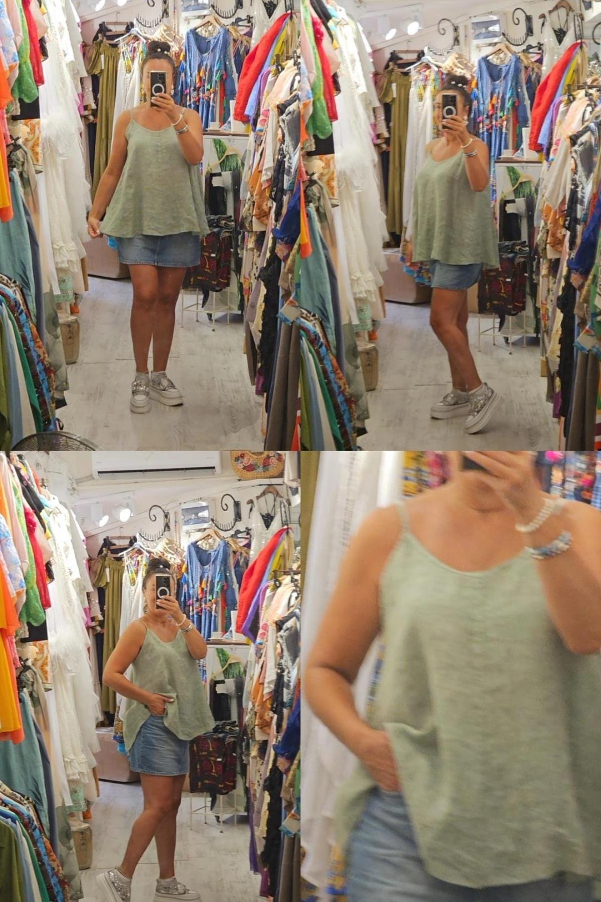 Askılı Keten Bluz Çağla Yeşili