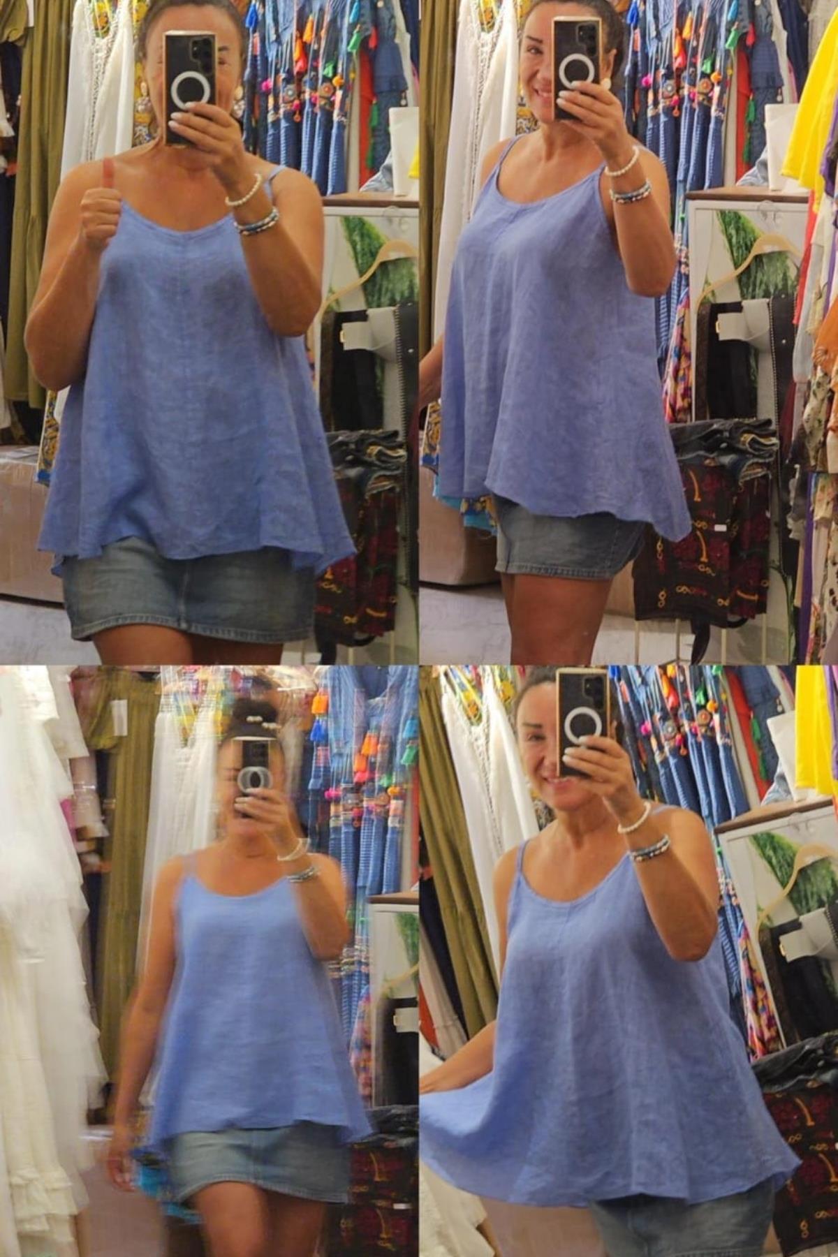 Askılı Keten Bluz Mavi