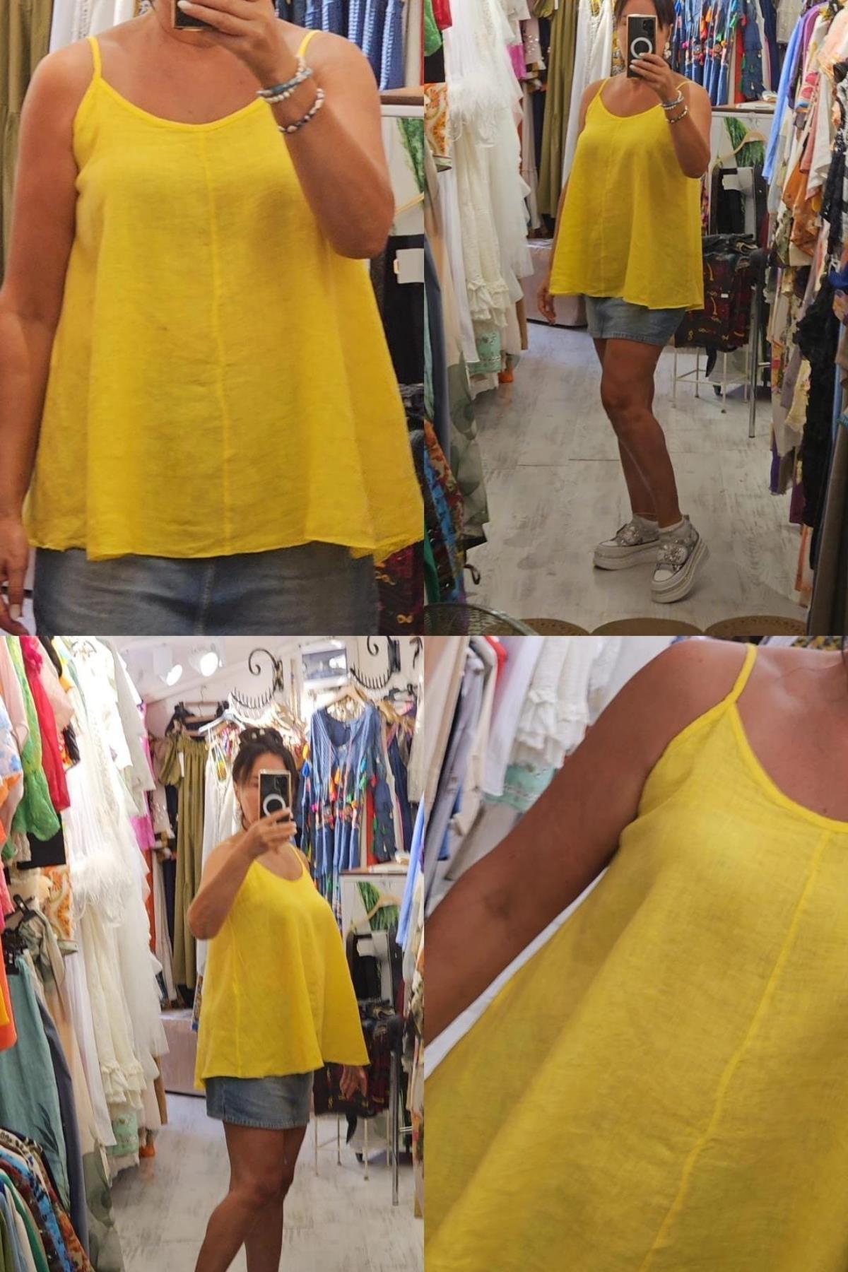 Askılı Keten Bluz Sarı