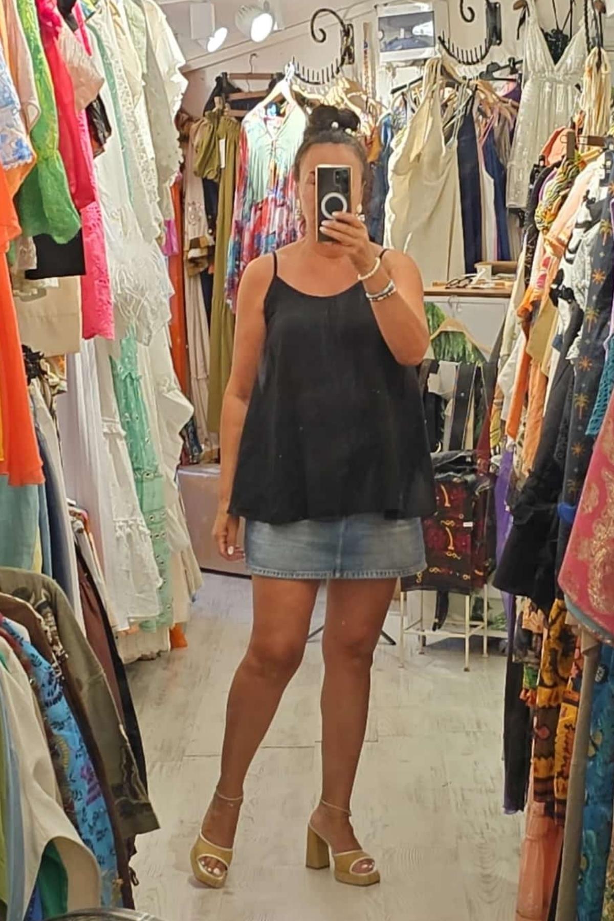 Askılı Keten Bluz Siyah