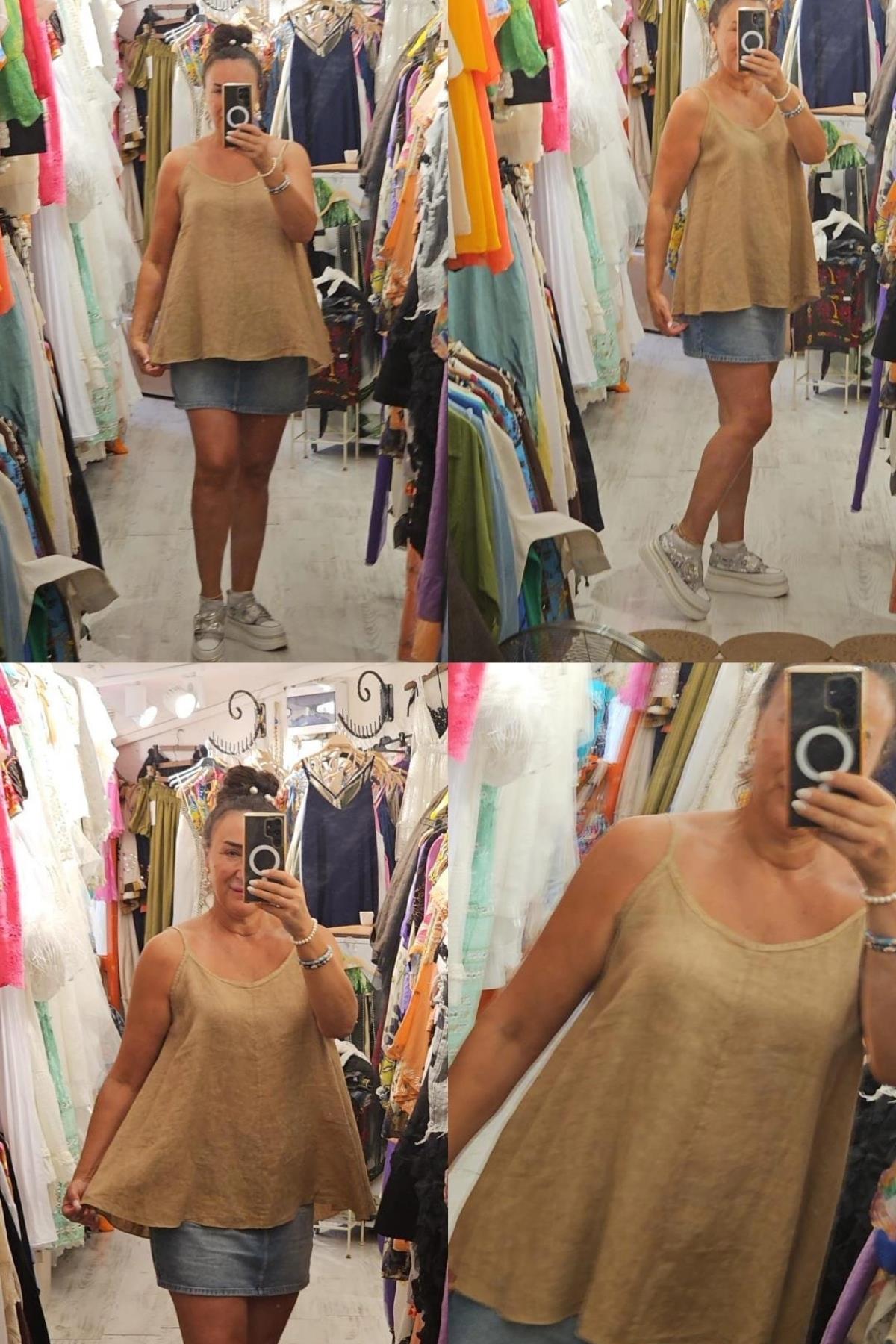 Askılı Keten Bluz Sütlü Kahve