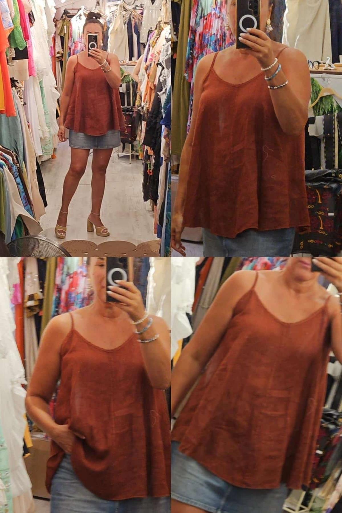 Askılı Keten Bluz Taba