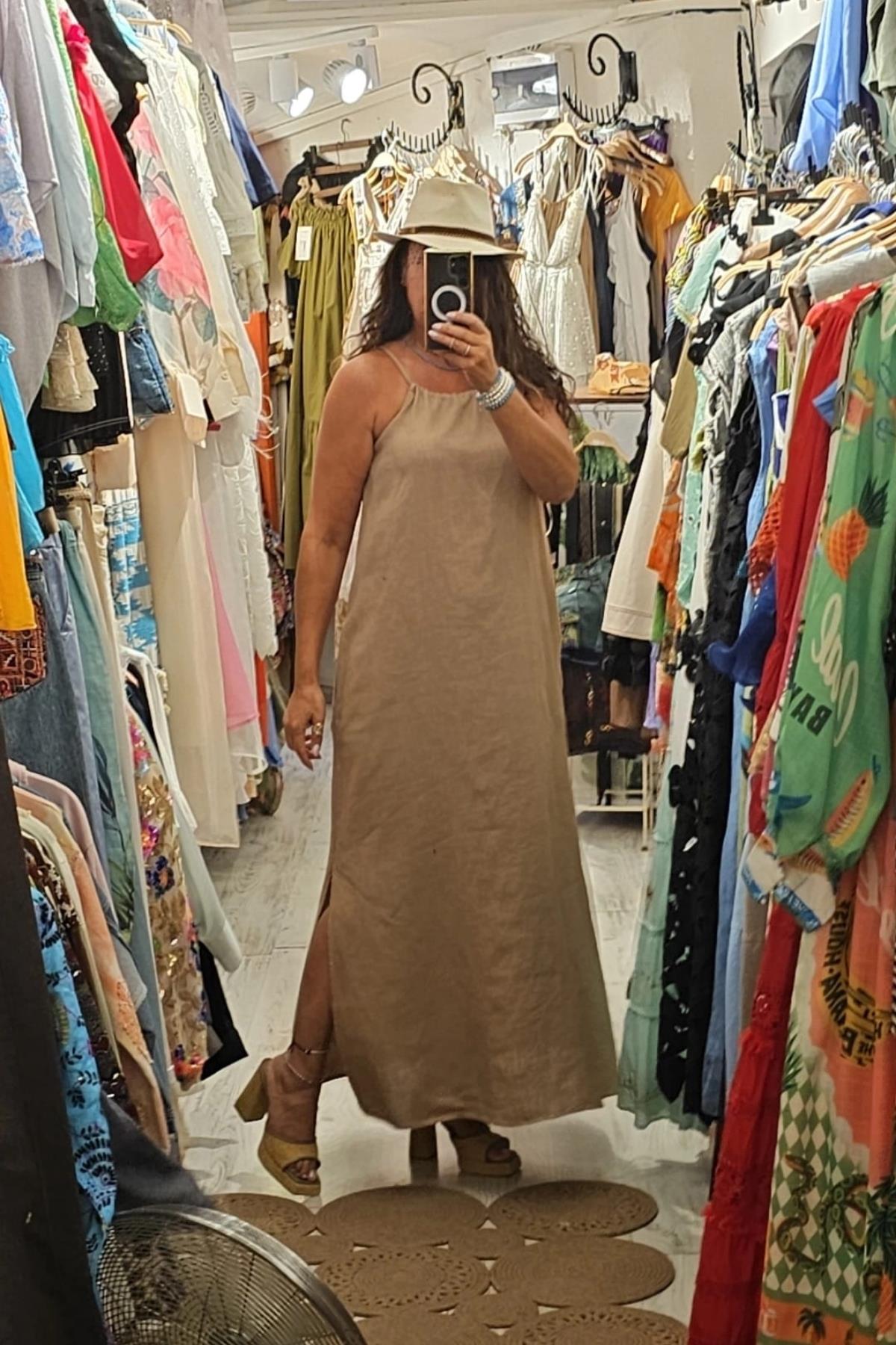 Askılı Uzun Yandan Cepli Keten Elbise Sütlü Kahve