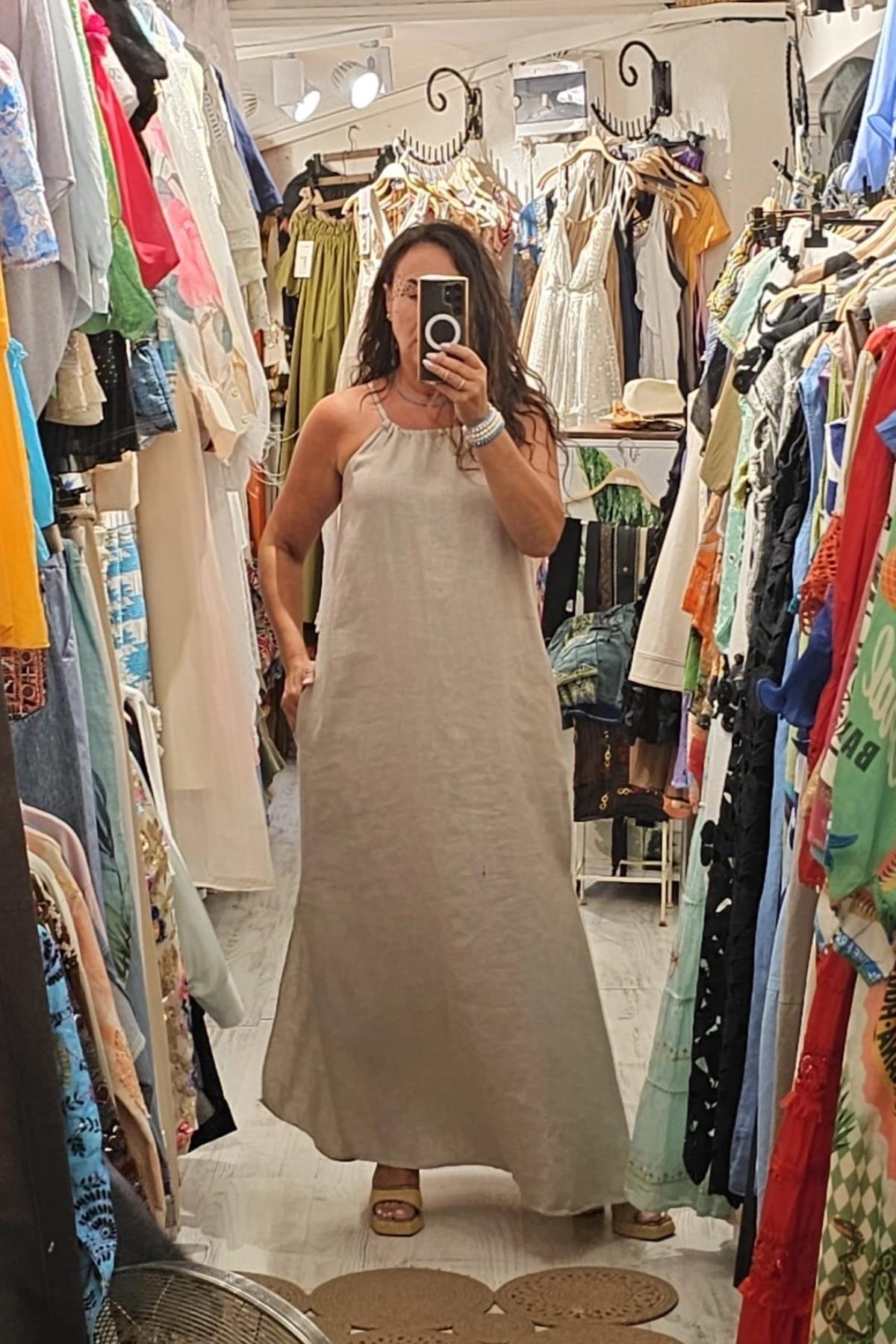 Askılı Uzun Yandan Cepli Keten Elbise Ekru