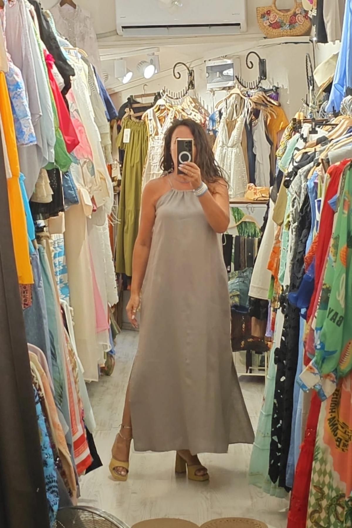 Askılı Uzun Yandan Cepli Keten Elbise Vizon