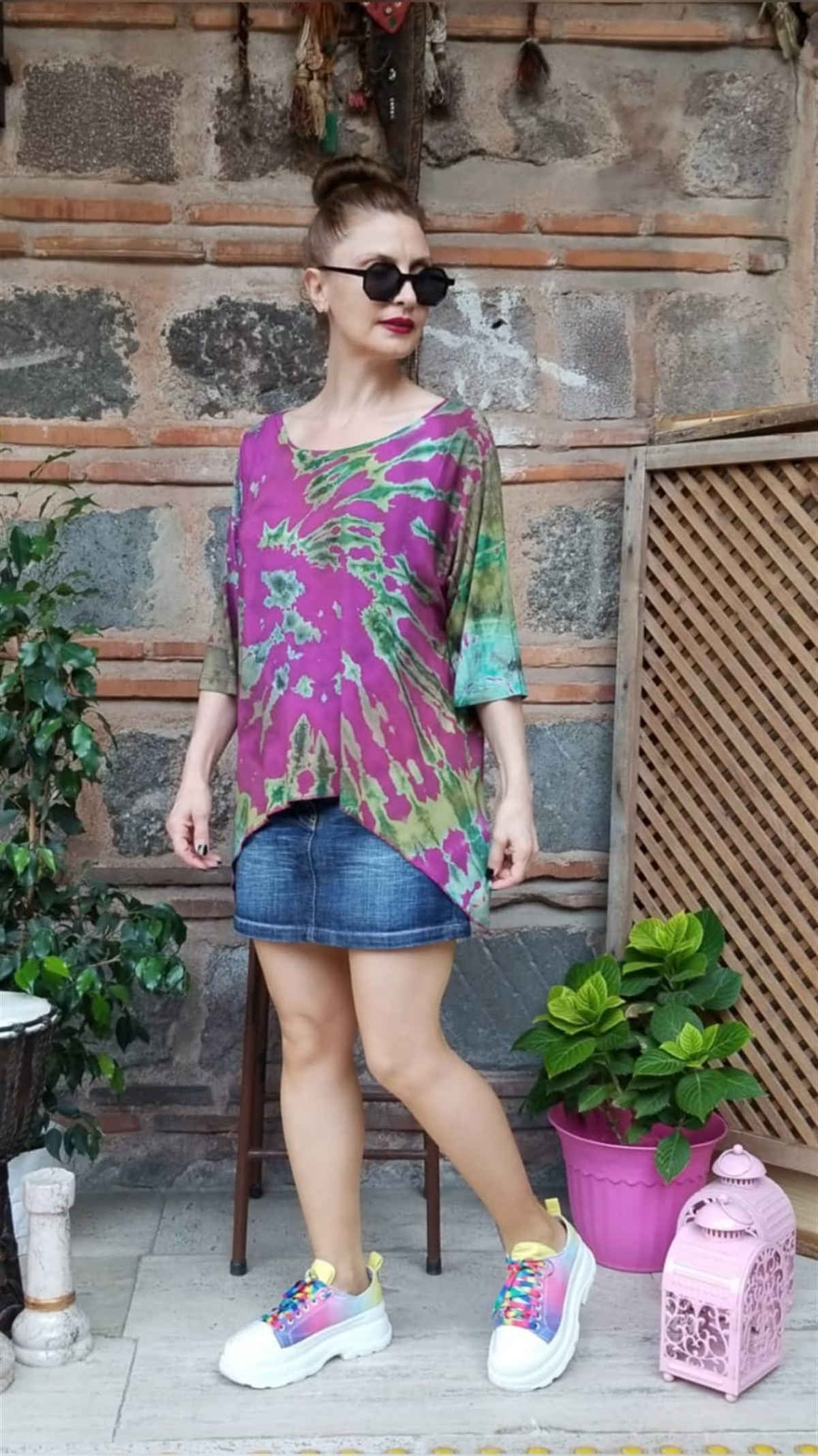 Batik Desenli Asimetrik Penye Bluz