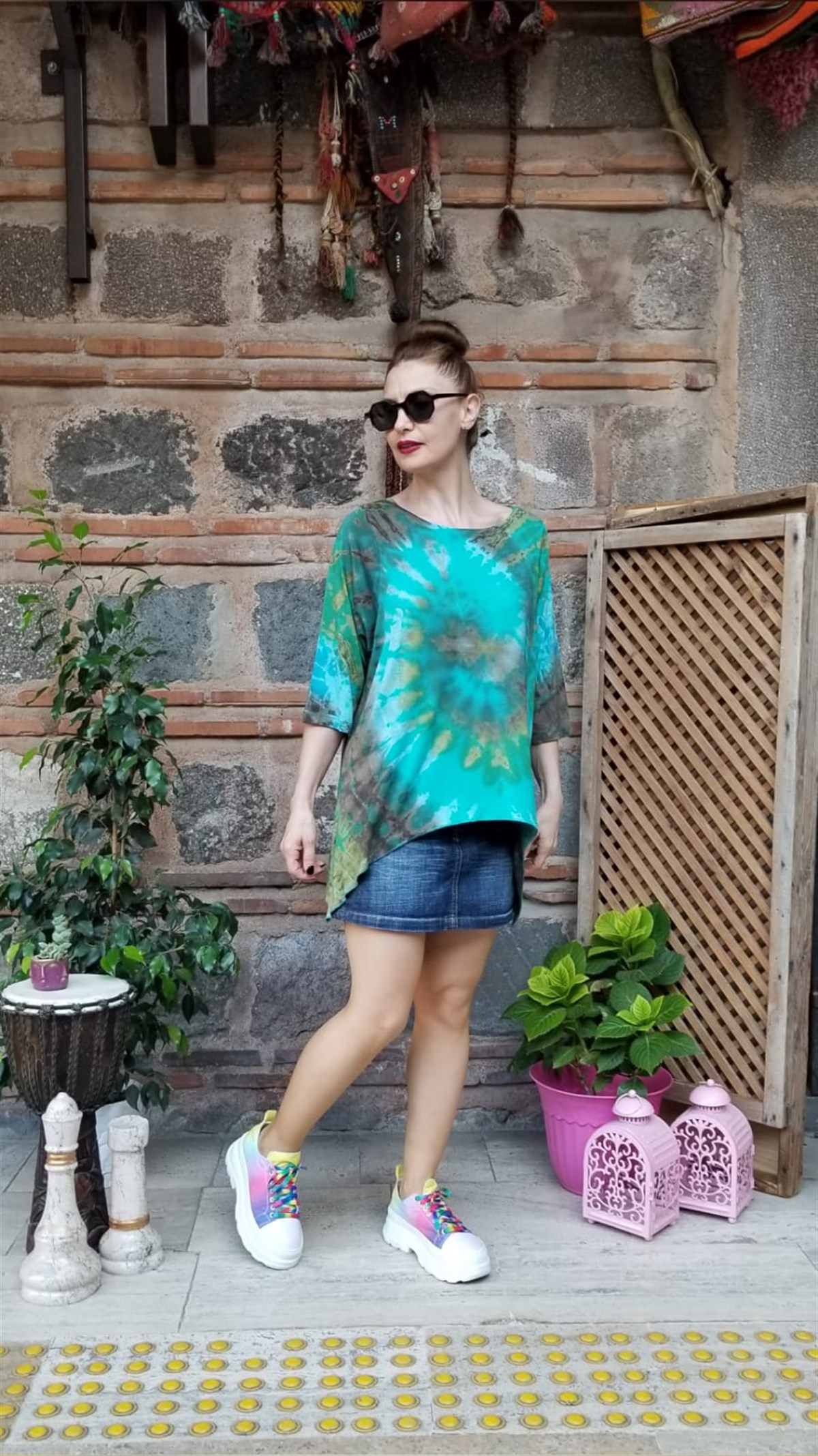 Batik Desenli Asimetrik Penye Kumaş Bluz