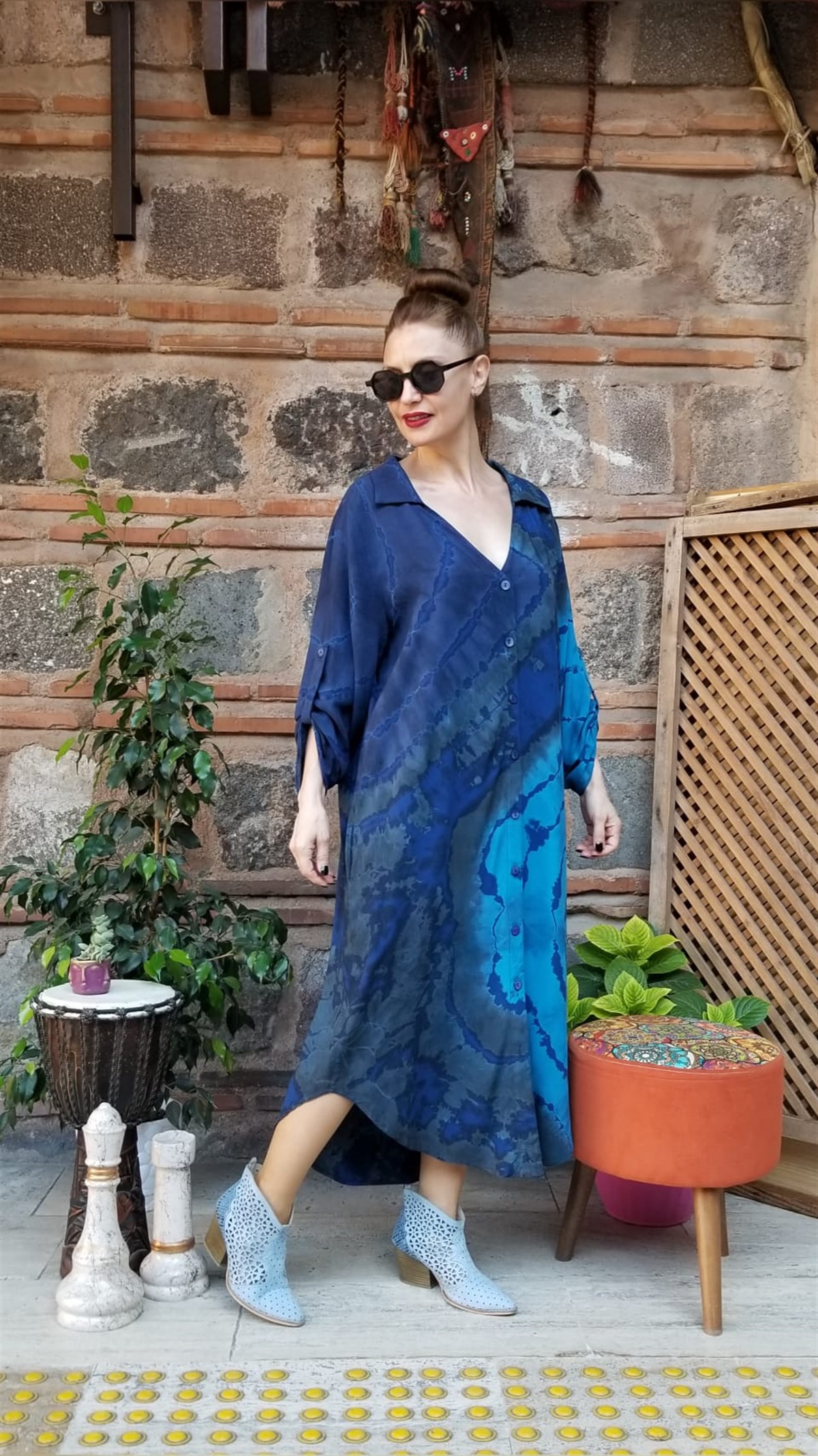 Batik Desenli Önü Ful Düğmeli Gömlek Elbise