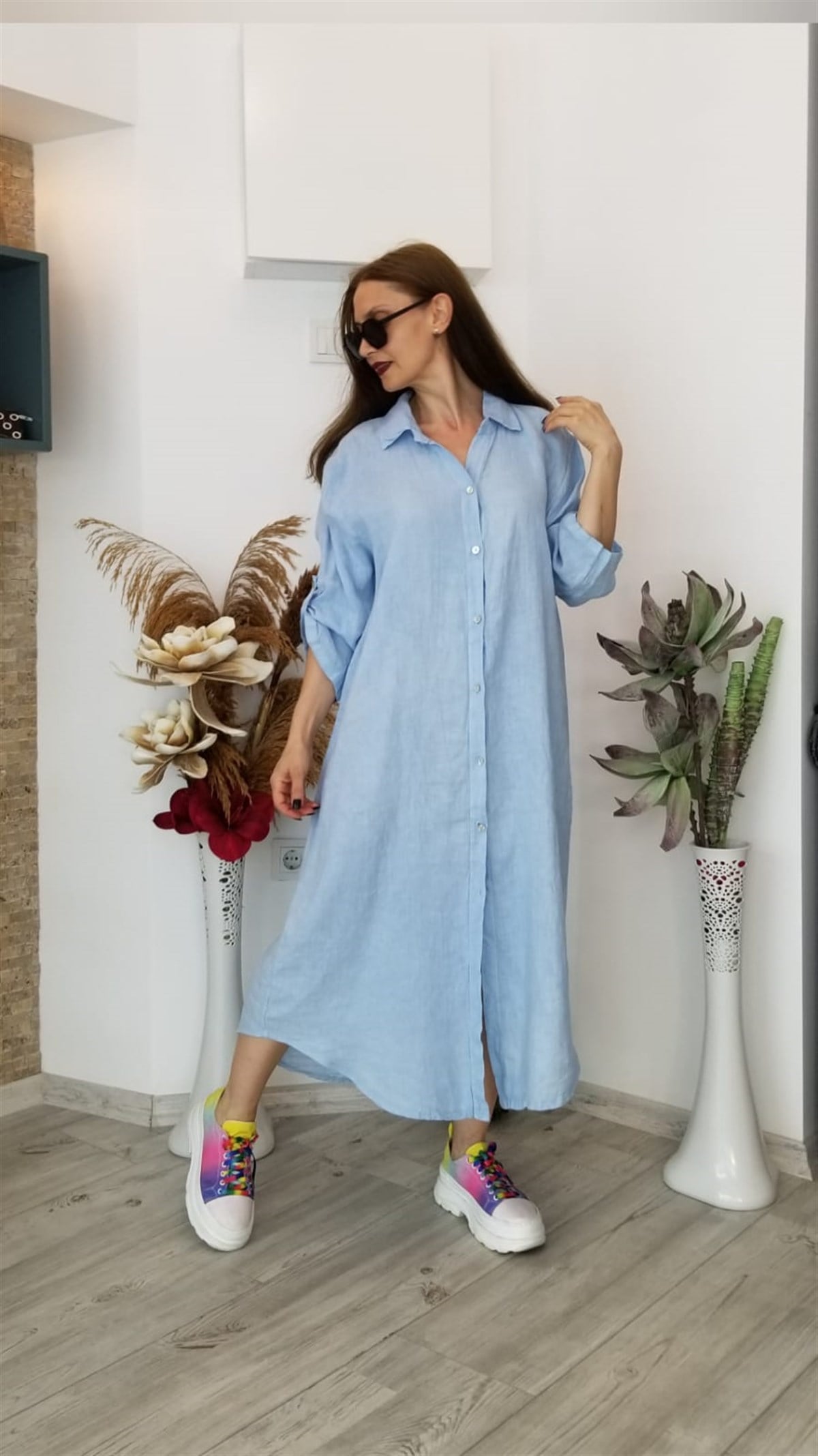 Bebe Mavisi Önü Ful Düğmeli Gömlek Elbise