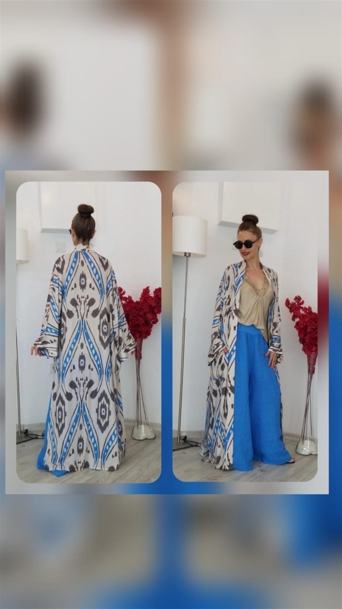 Bej Rengi Desenli Kimono