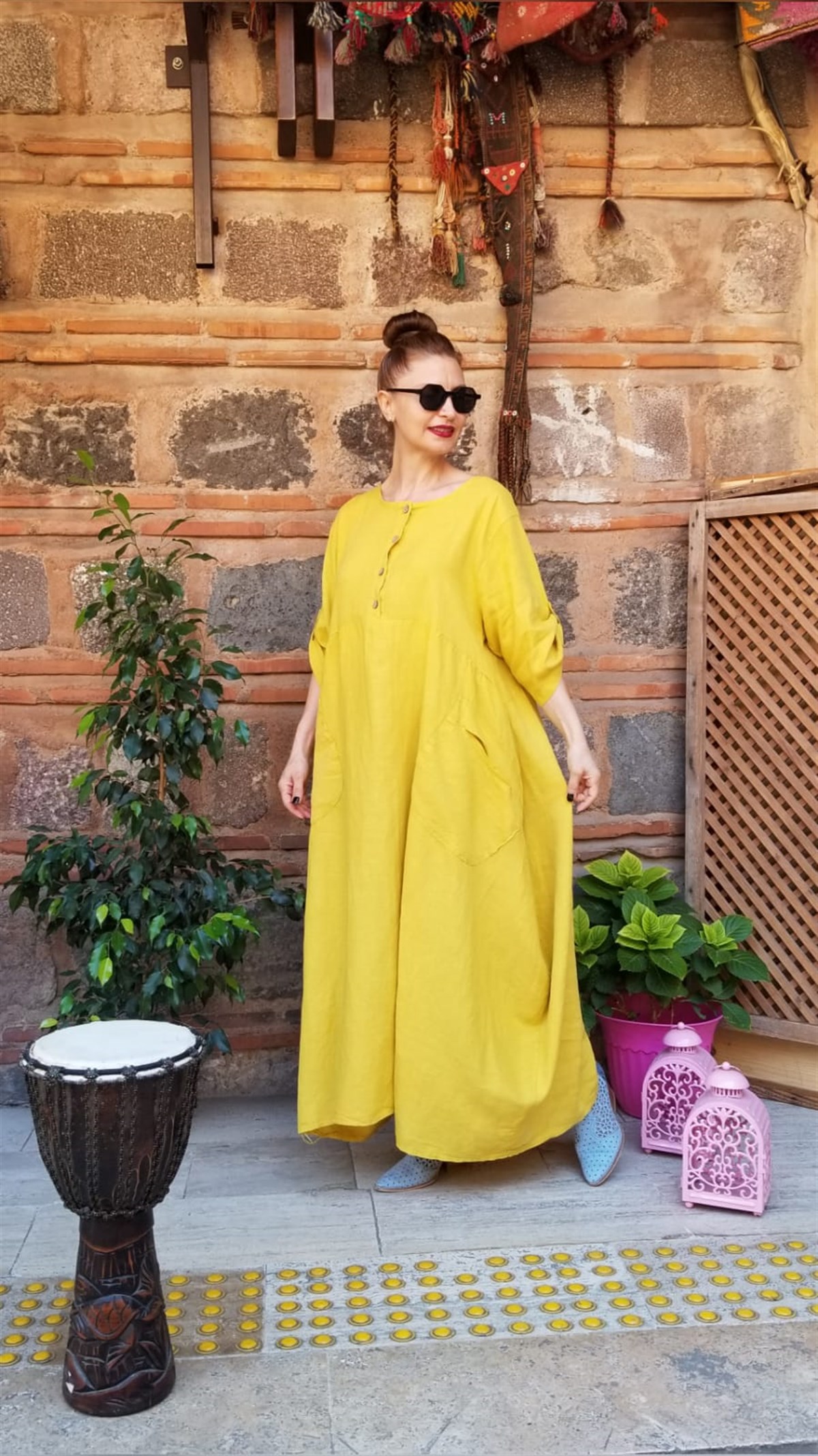 Asit Sarı İtalyan Keten Salaş Elbise
