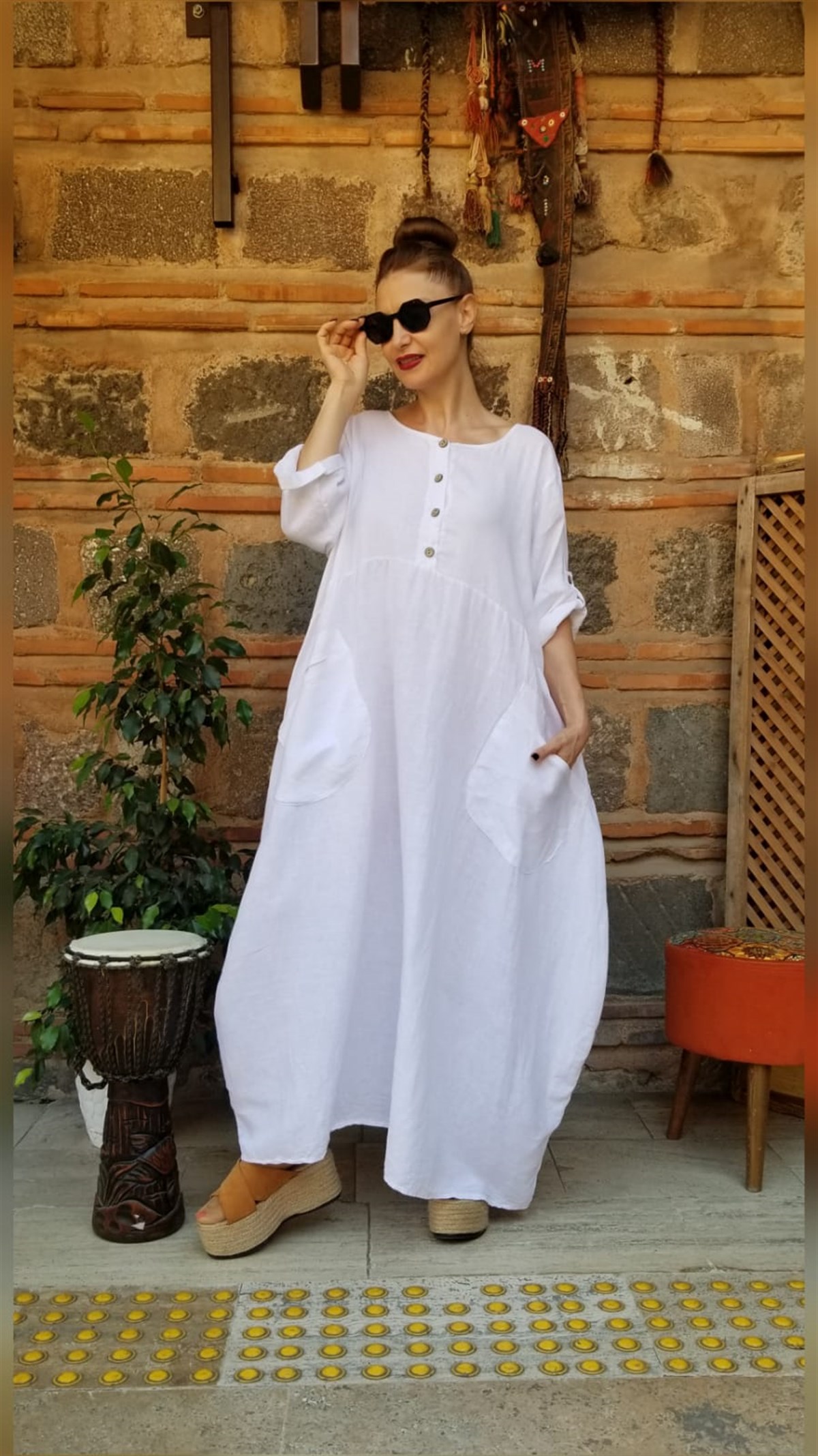 Beyaz İtalyan Keten Salaş Elbise