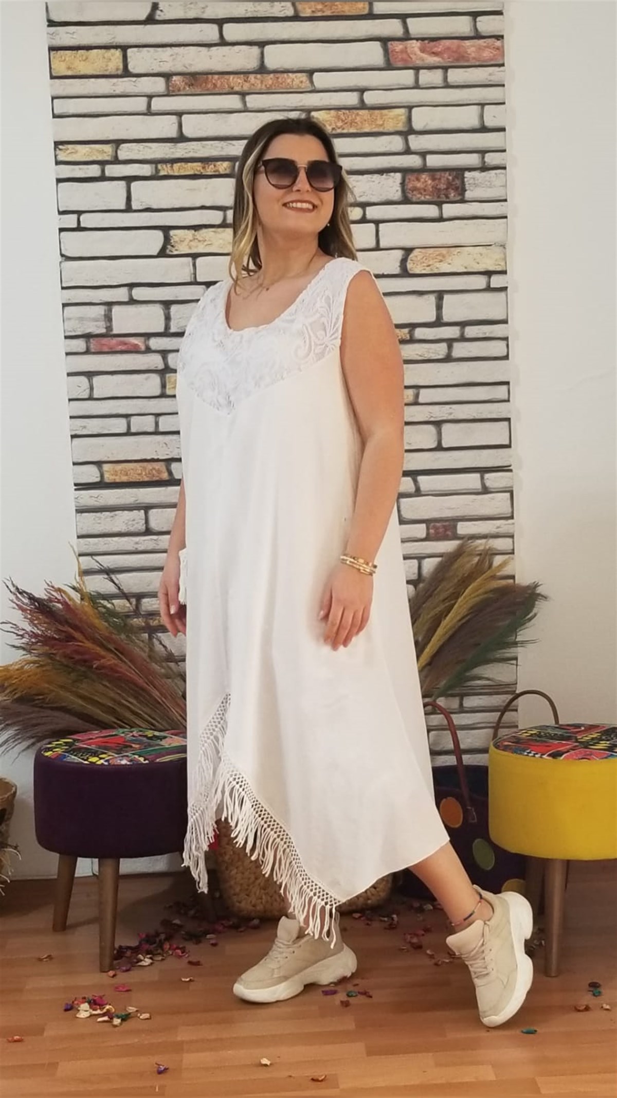 Beyaz İtalyan Keten Kumaş Elbise İçi Astarlı