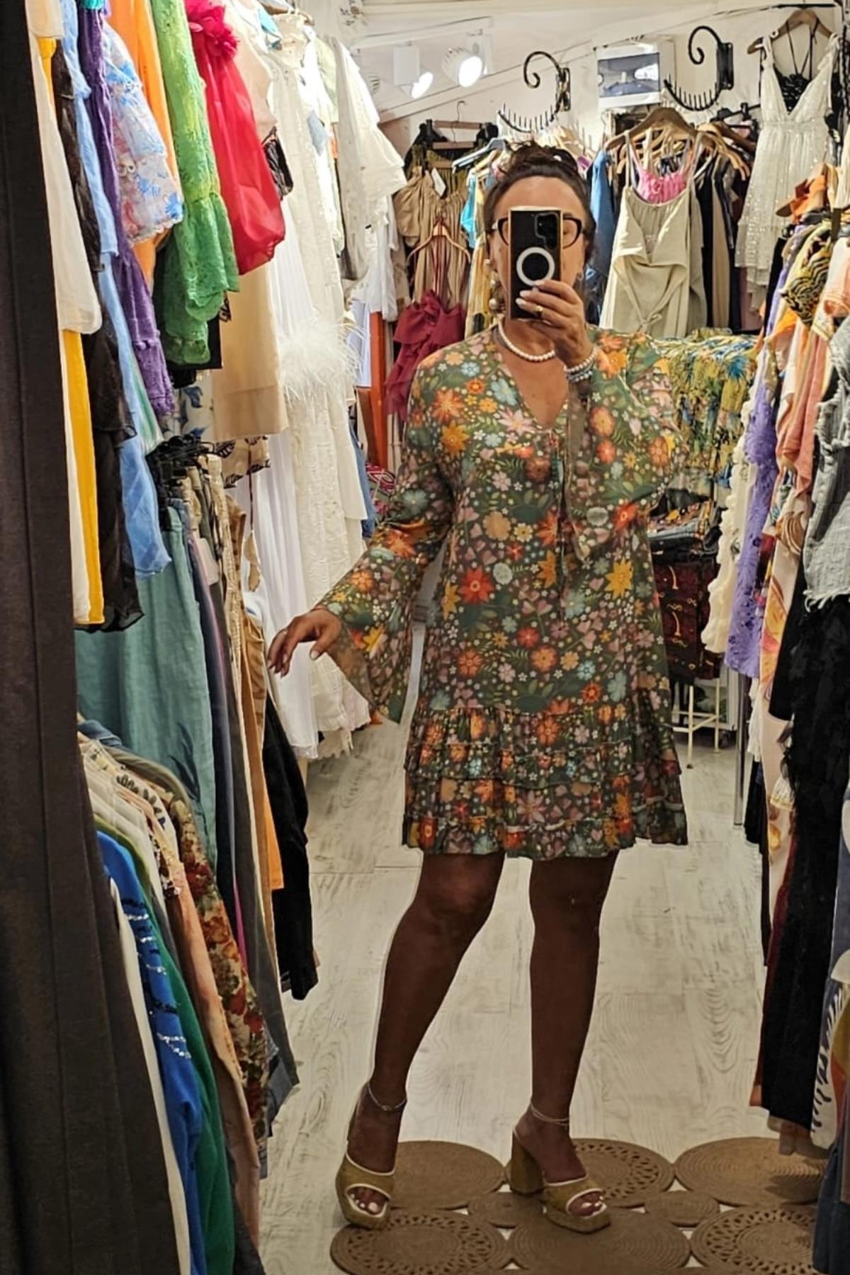 Bohem Tarzı V Yaka Uzun Kol Elbise Renkli