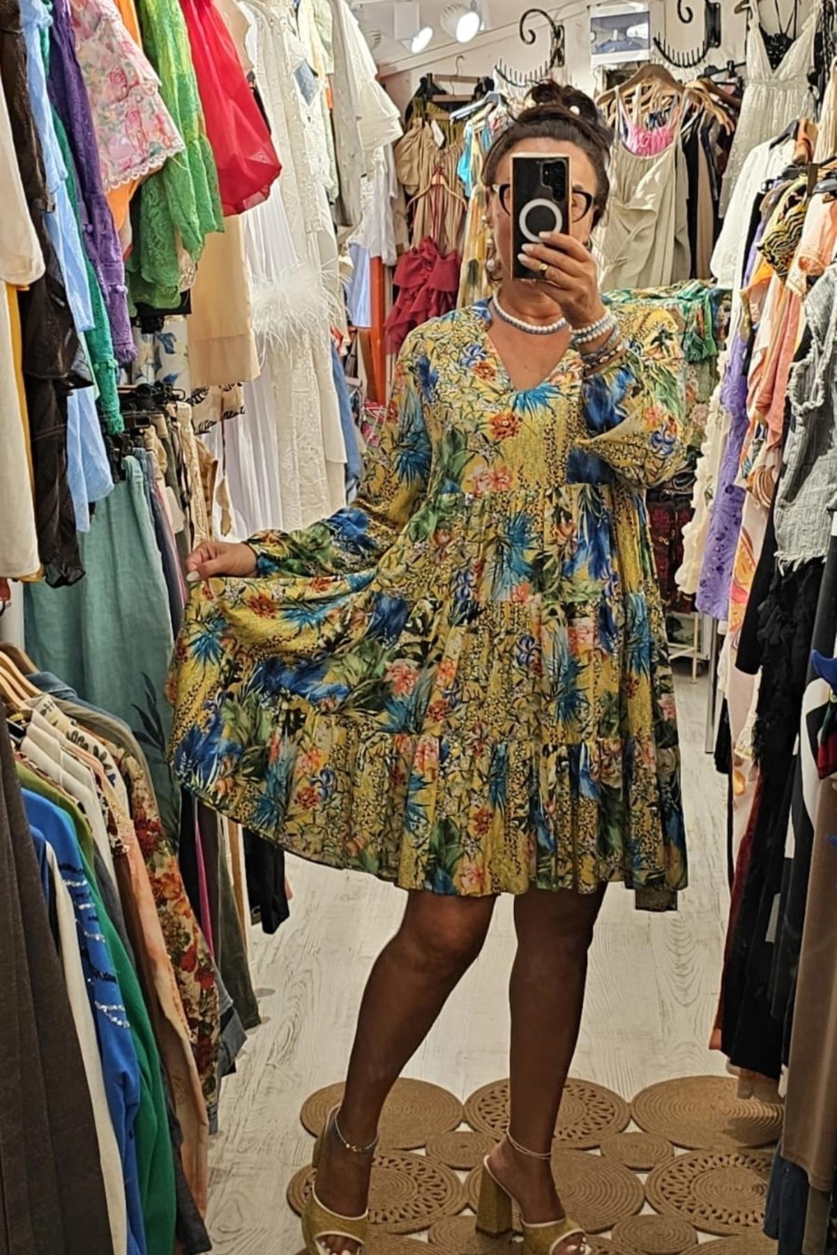 Bohem Tarzı V Yaka Uzun Kol Salaş Elbise Renkli