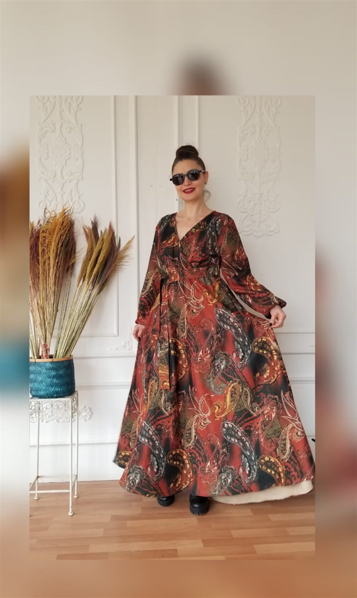 Bordo Desenli Elbise