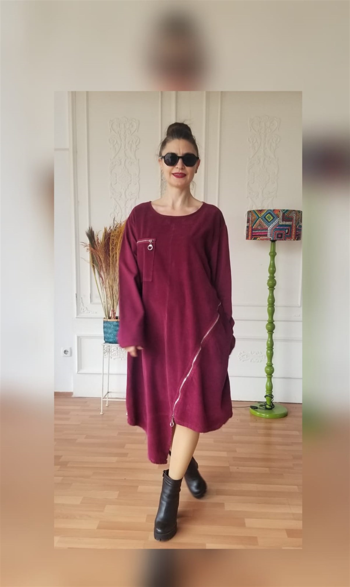 Bordo Fitilli Kadife Elbise