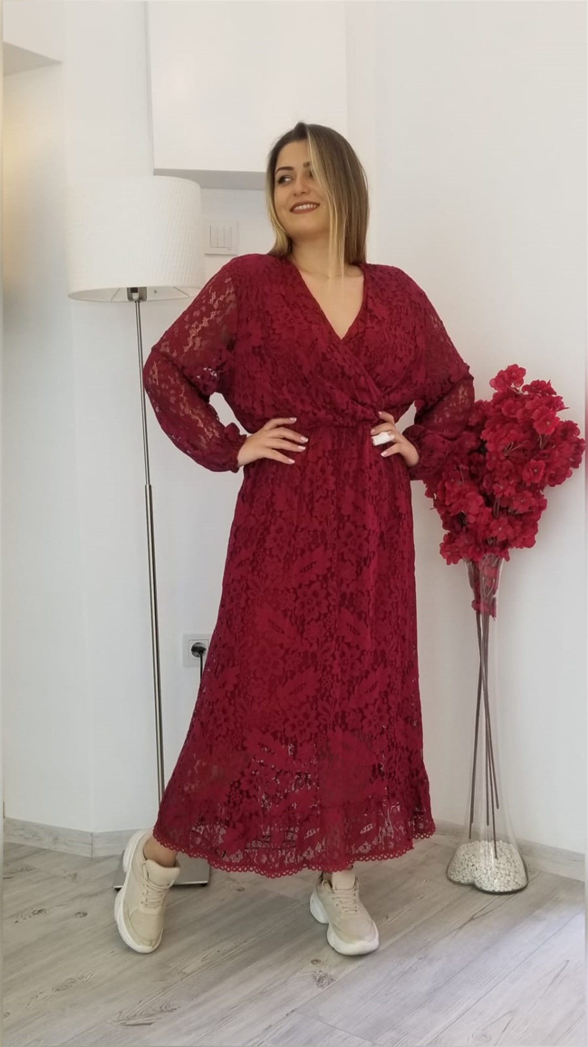Bordo İtalyan İçi Astarlı Dantel Elbise 