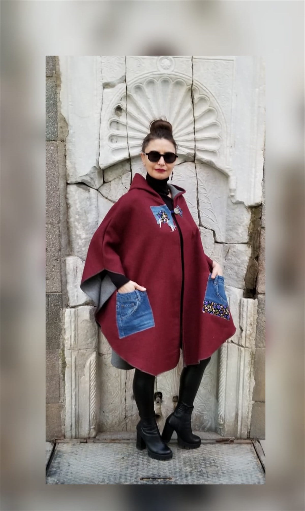 Bordo Kapşonlu Kaşe Panço