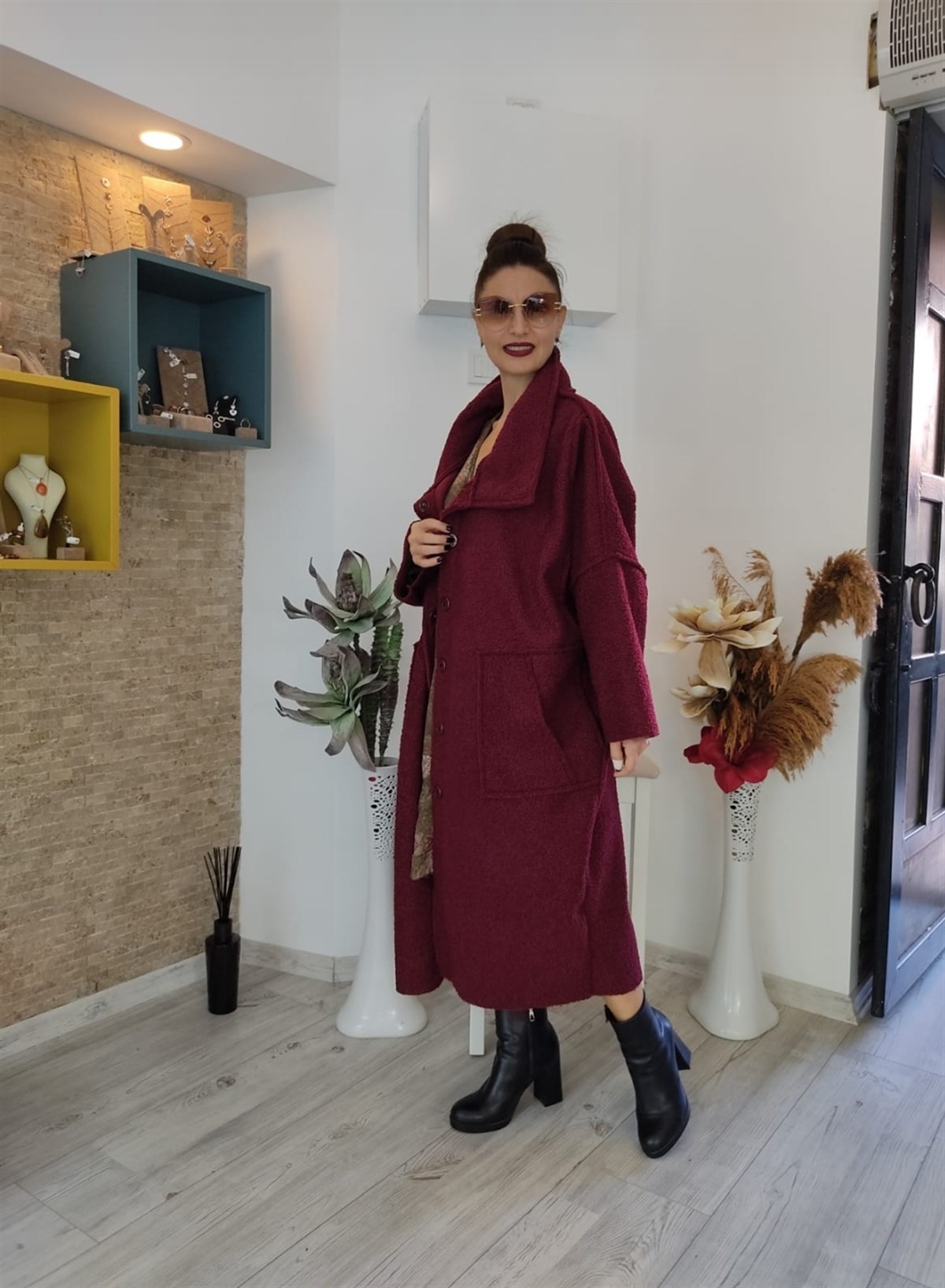 Bordo Yün Buklet İçi Polar Kaban (Oversize)