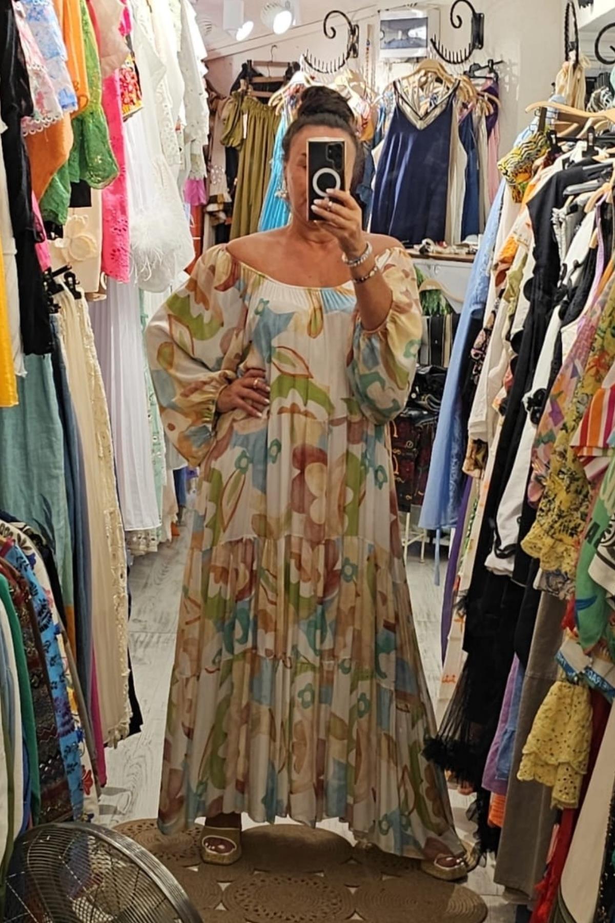 Boydan Astarlı, Pamuklu Elbise Renkli Ekru