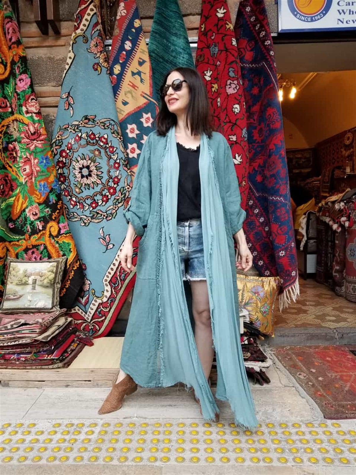 Çağla Yeşili  İtalyan Keten Kumaş Kaftan