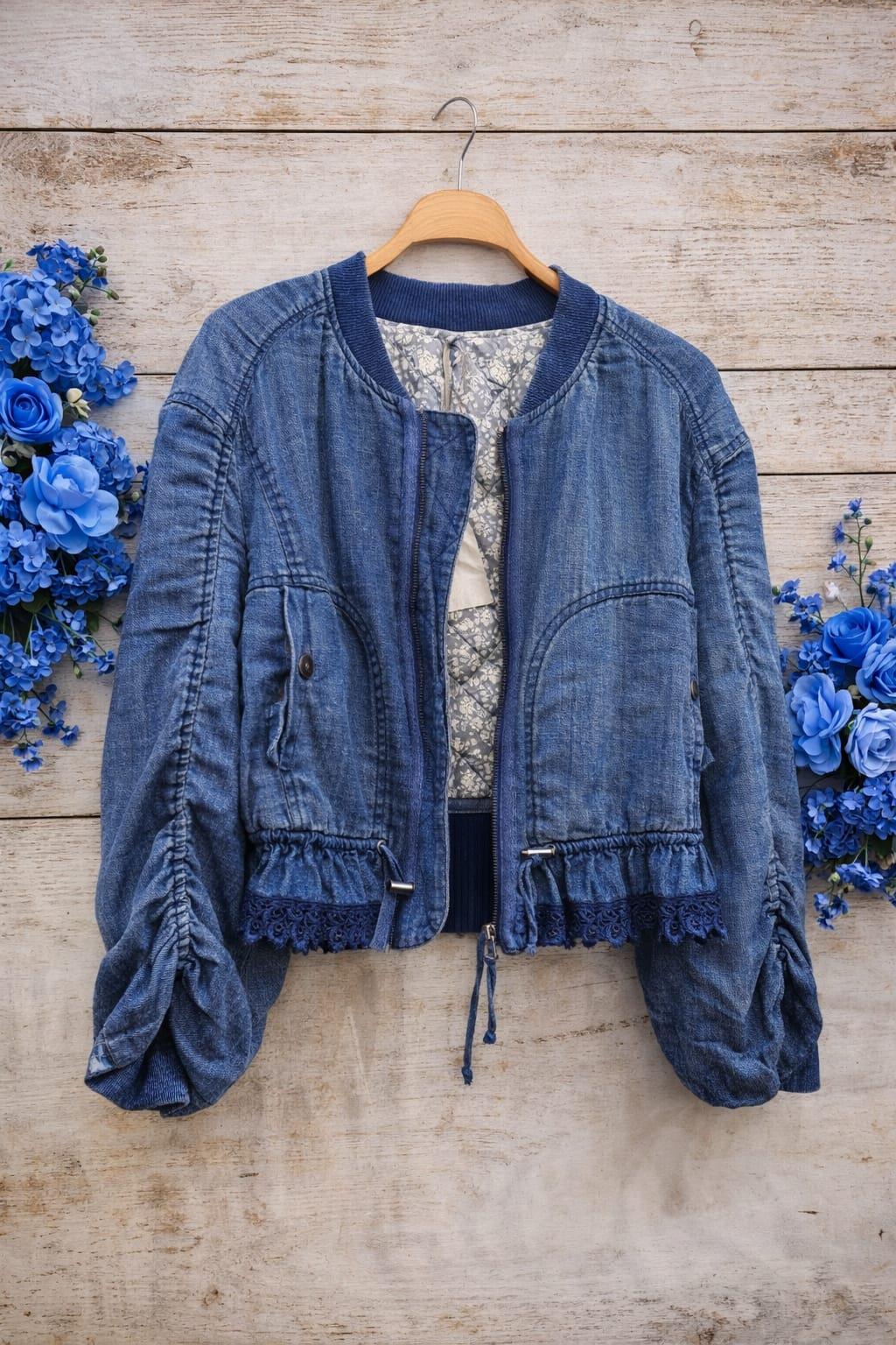 Crop ceket içi astarlı belden lastik büzgülü kendi kumaşına fisto işleme denim kumaş