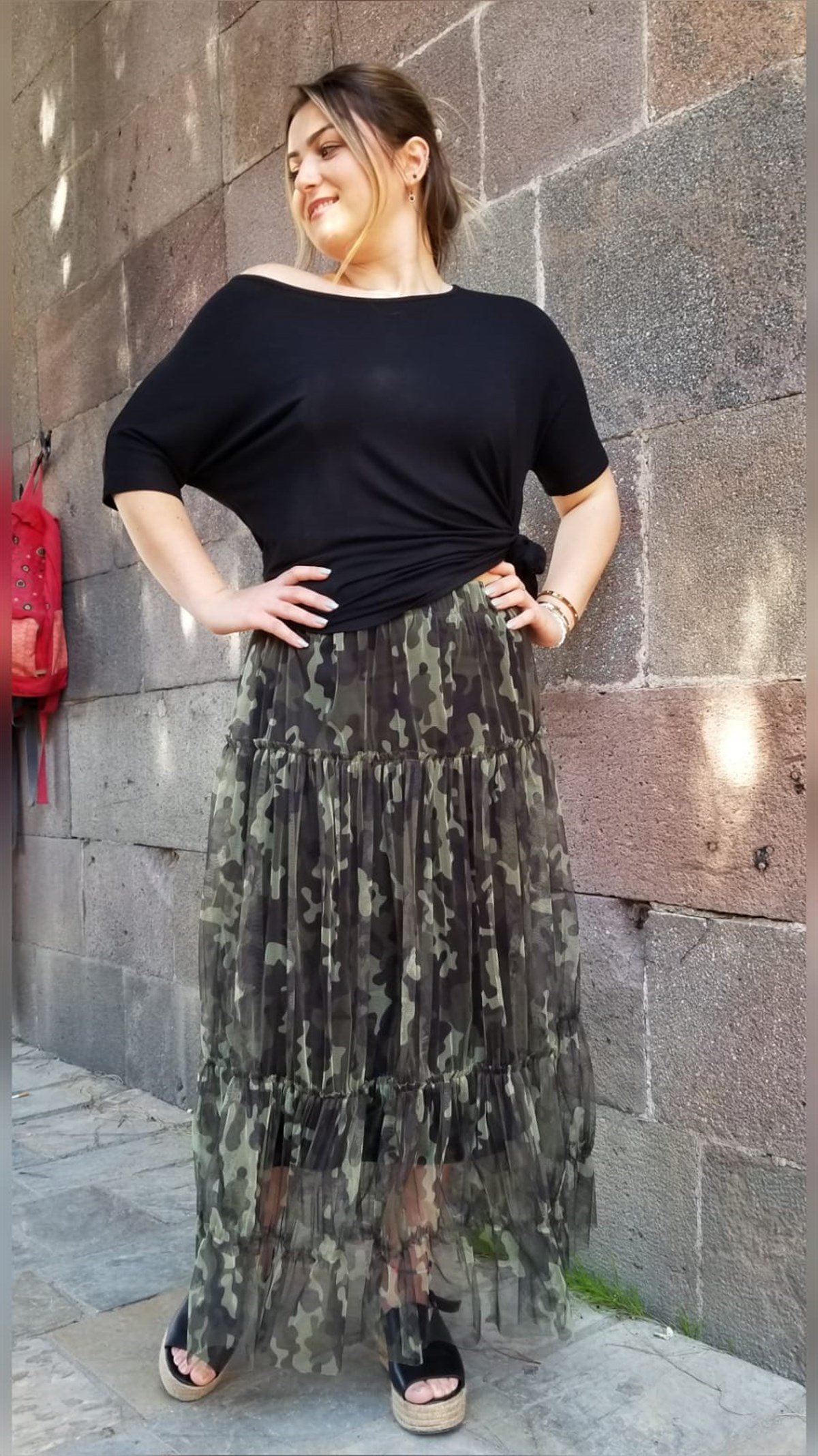 Haki Kamuflaj Beli Lastikli İçi Astarlı Tül Etek 