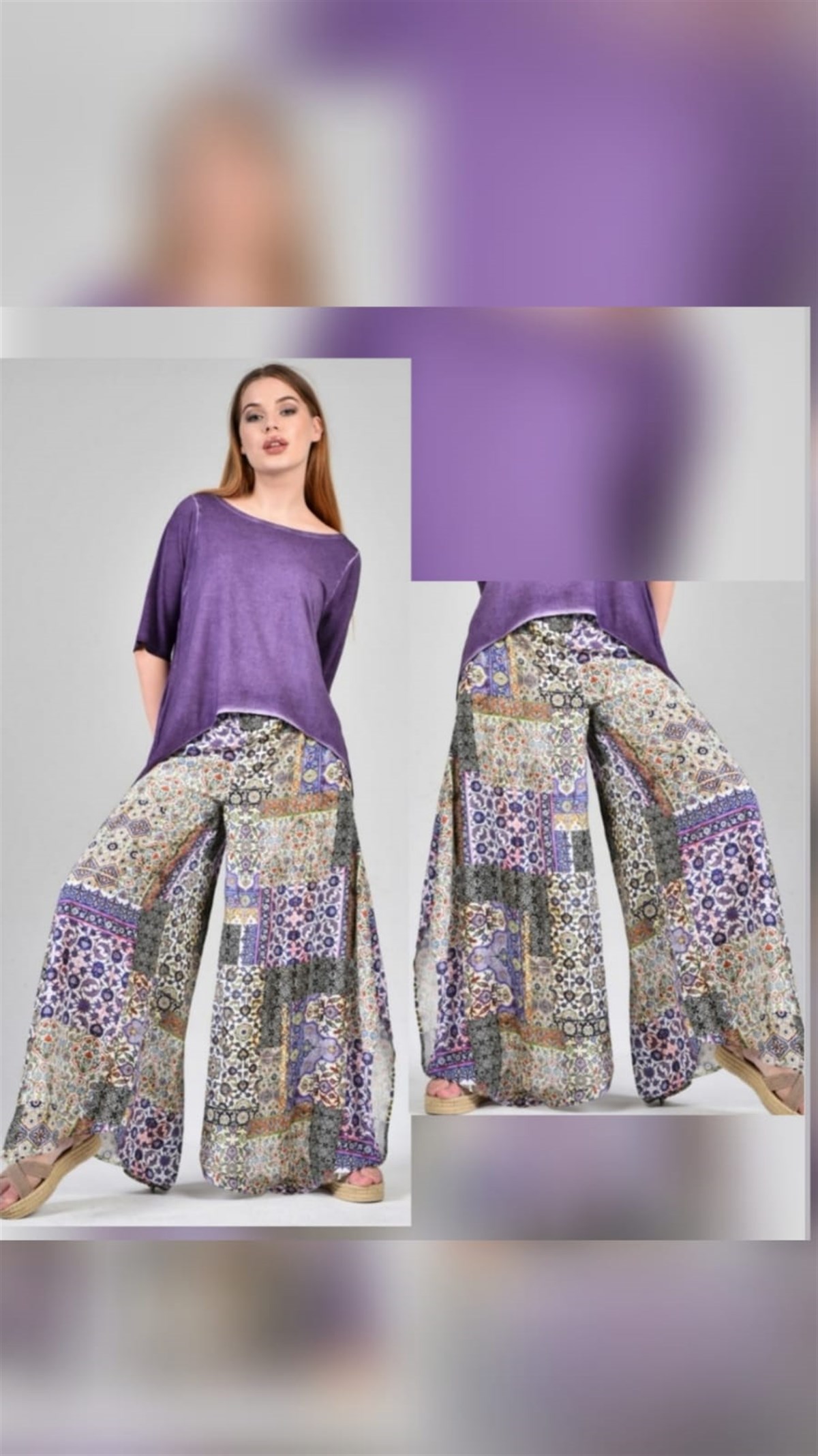 Desenli Yanı Yırtmaçlı Pantolon