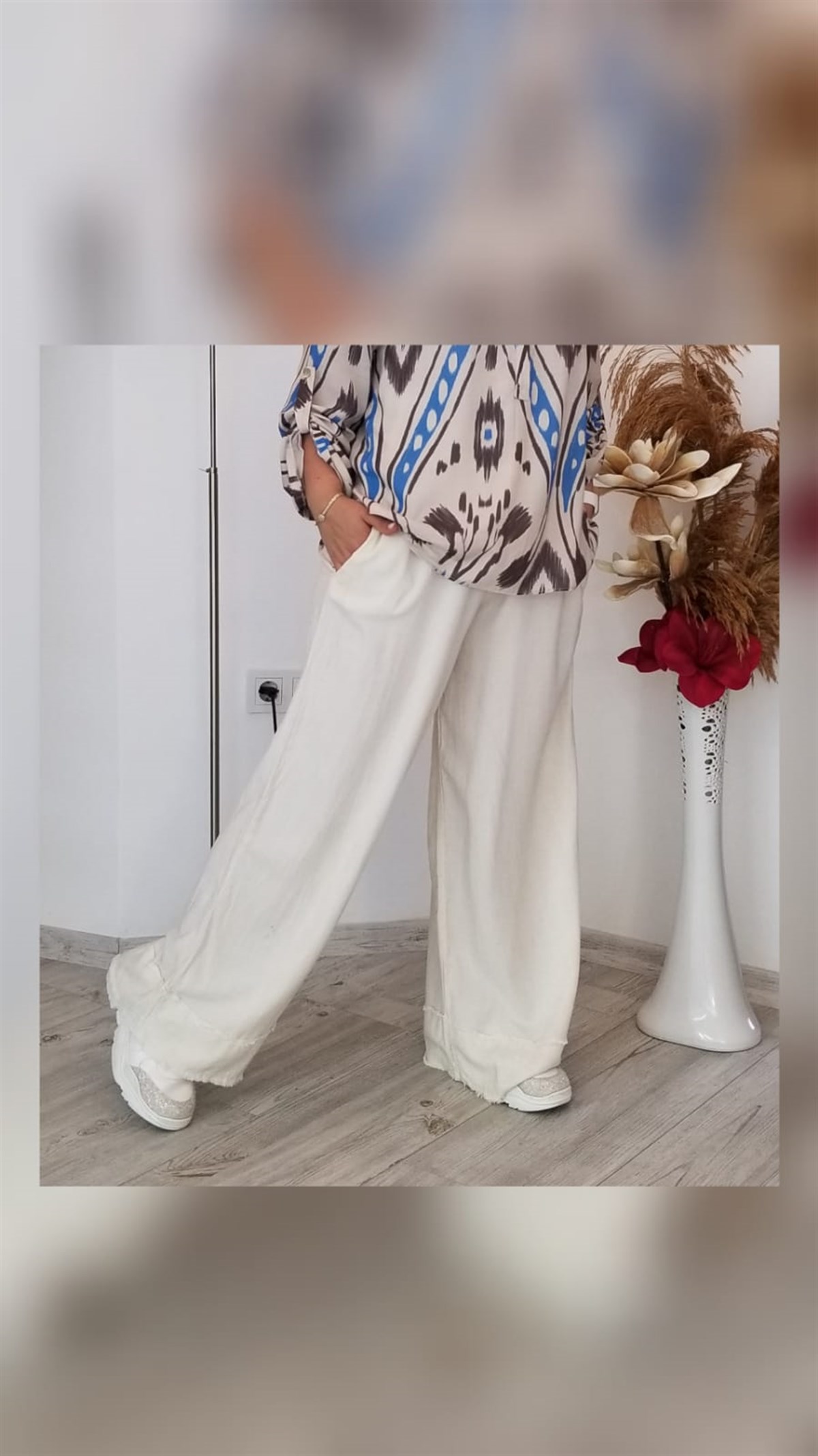 Ekru Beli Lastikli Cepli Keten Pantolon 