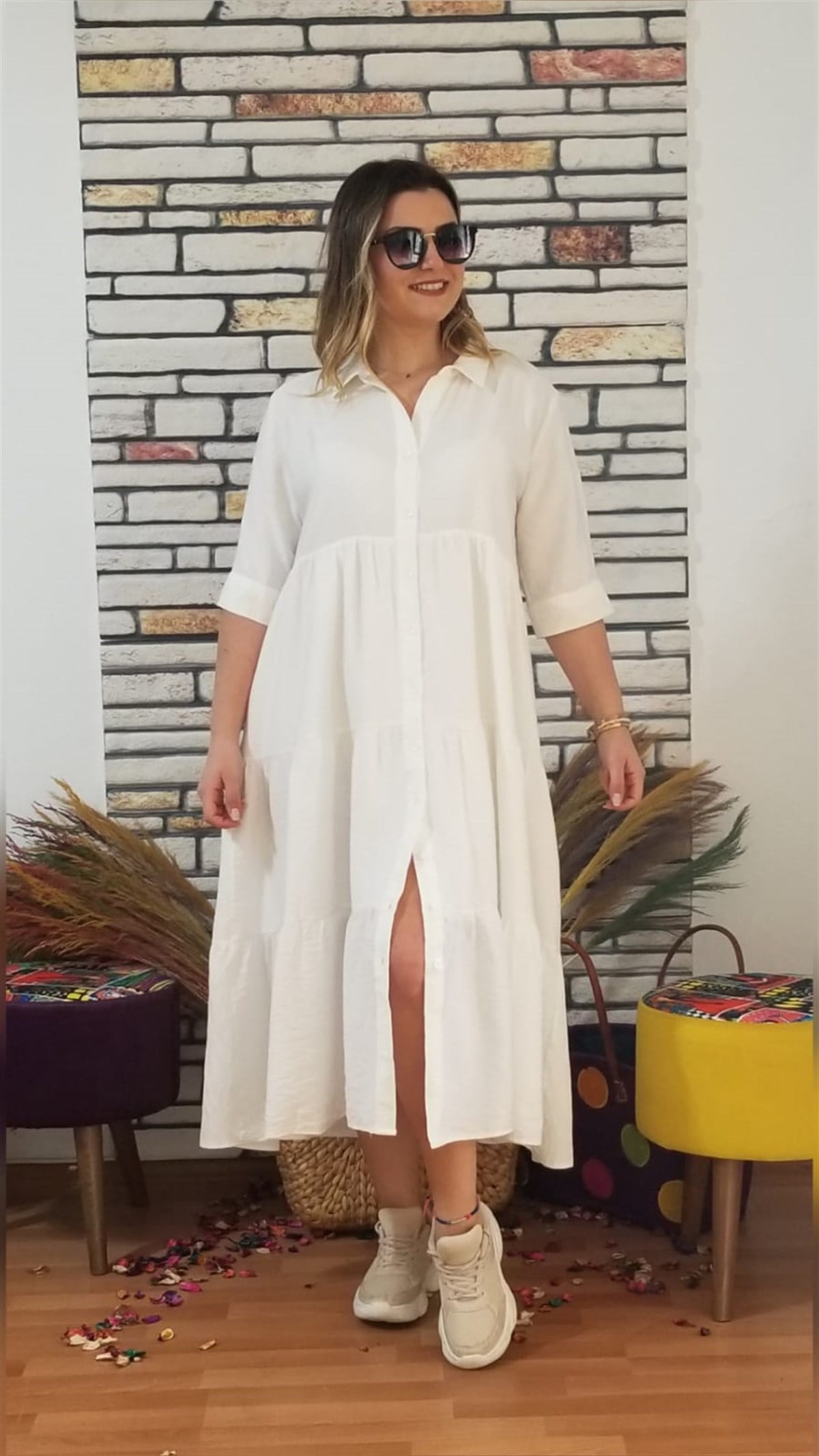 Ekru İçi Astarlı Önü Ful Düğmeli Salaş Elbise 
