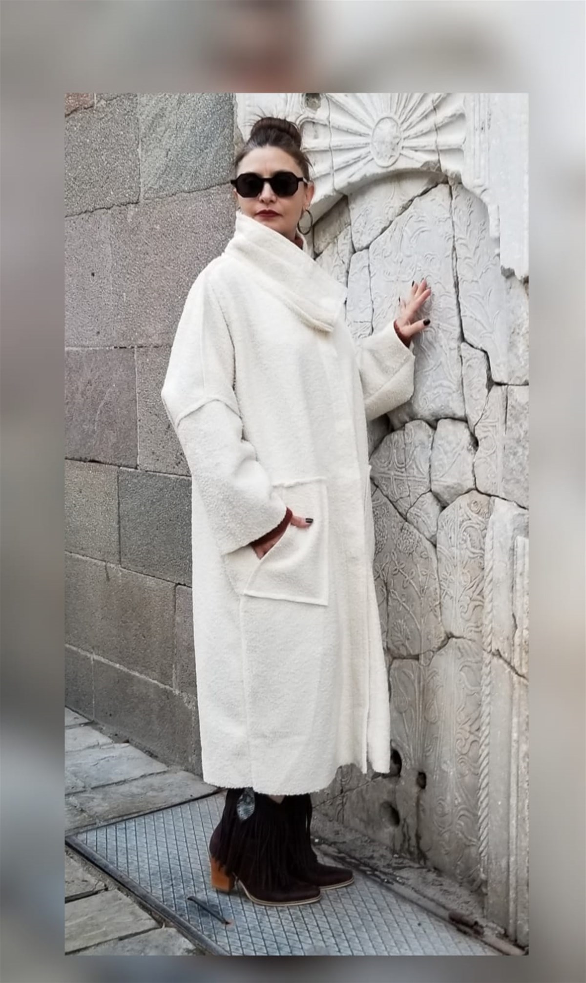 Ekru Yün Buklet İçi Polar Kaban (Oversize)