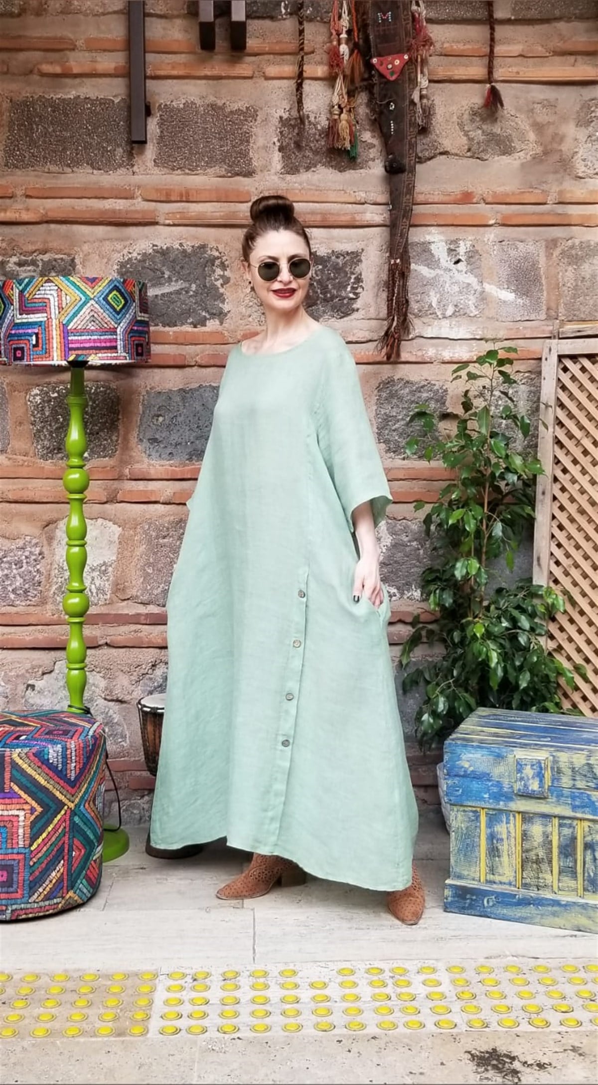 İtalyan Mint Yeşili Keten Elbise