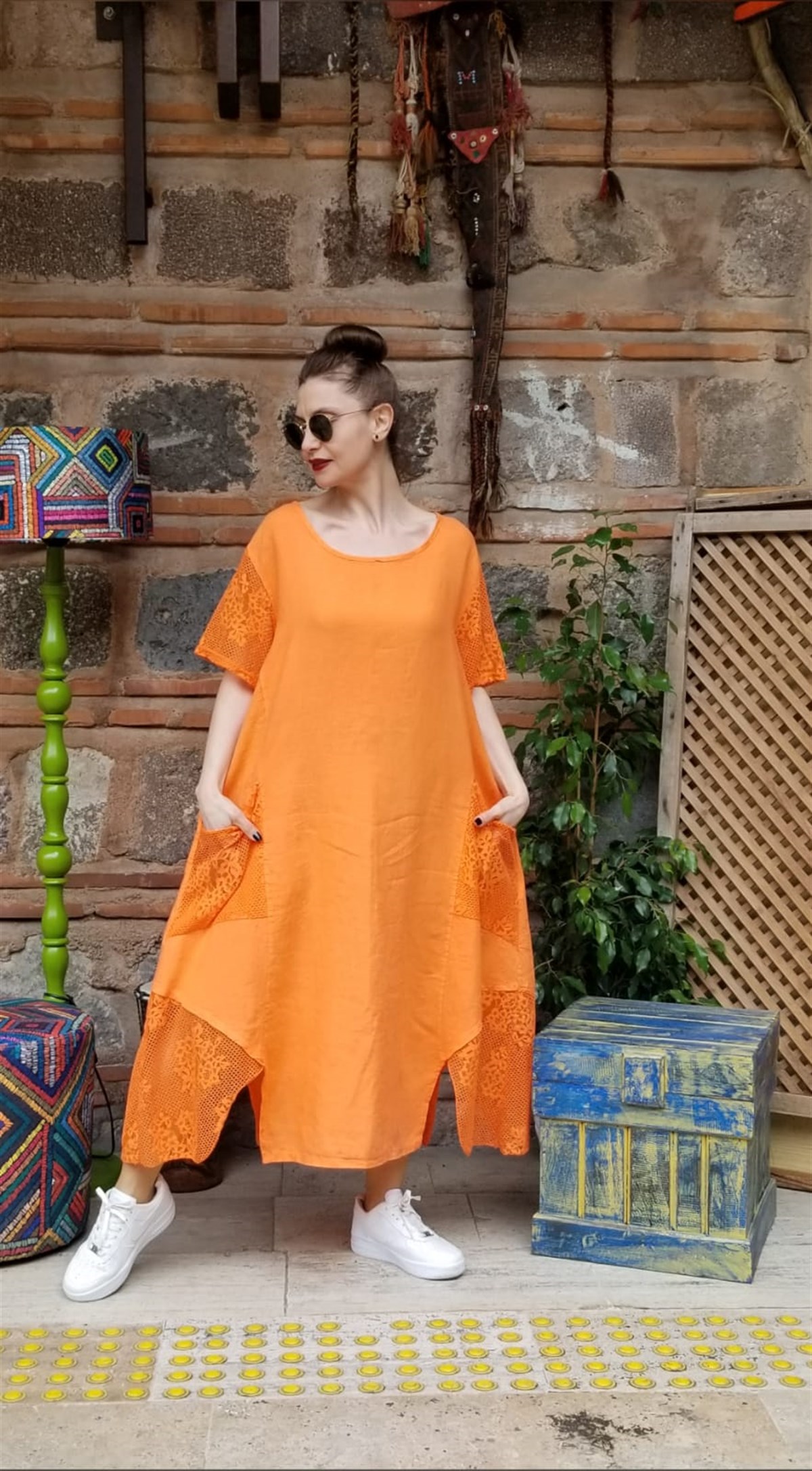 Turuncu İtalyan Dantel Detaylı Salaş Elbise