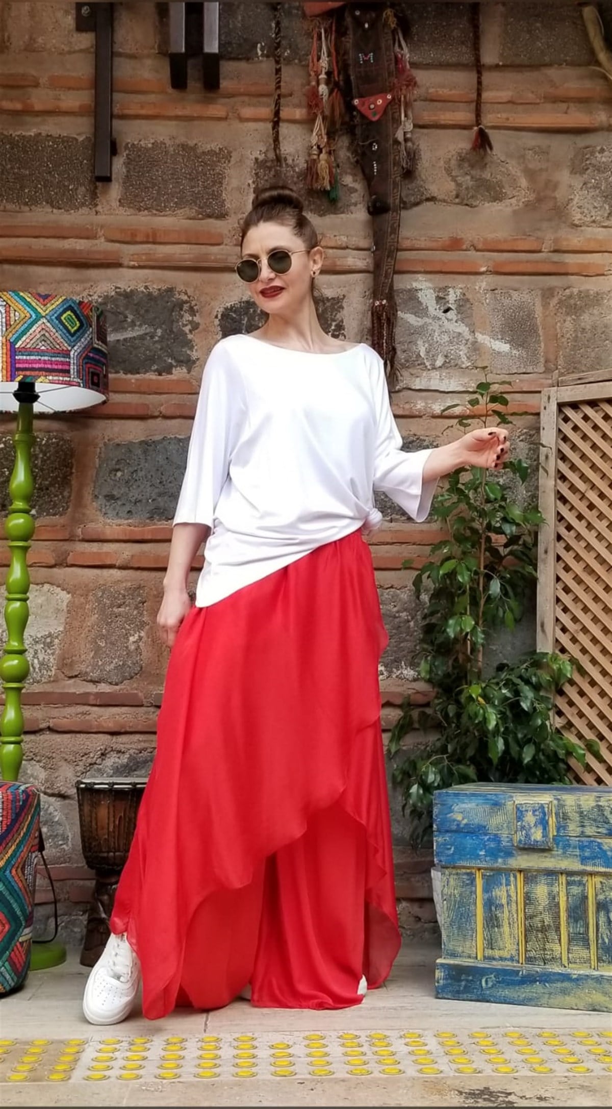 Kırmızı İpek Kumaş İtalyan Şalvar Etek İçi Astarlı