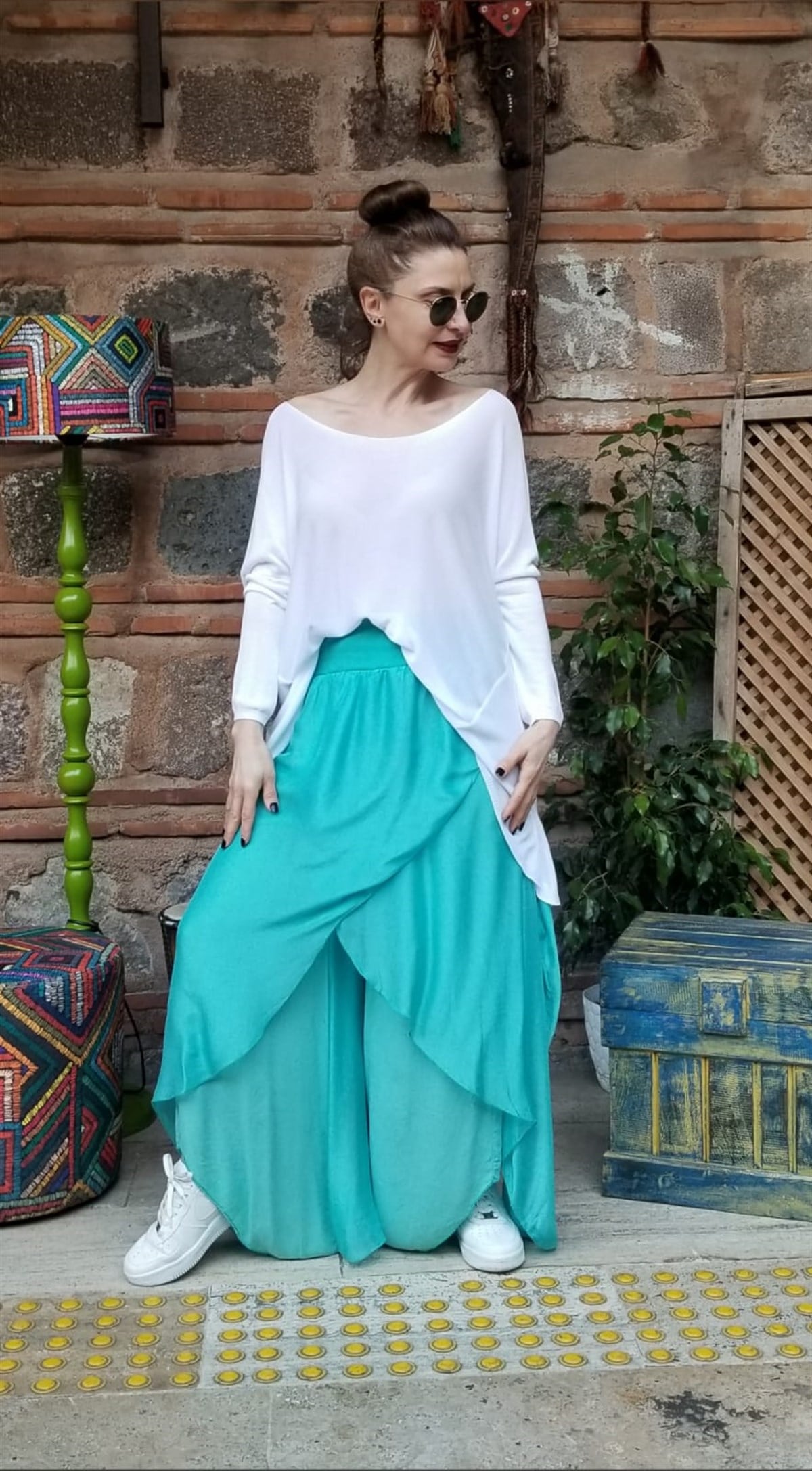 Turkuaz İtalyan Batik Desenli İpek Kumaş İçi Astarlı Şalvar Etek