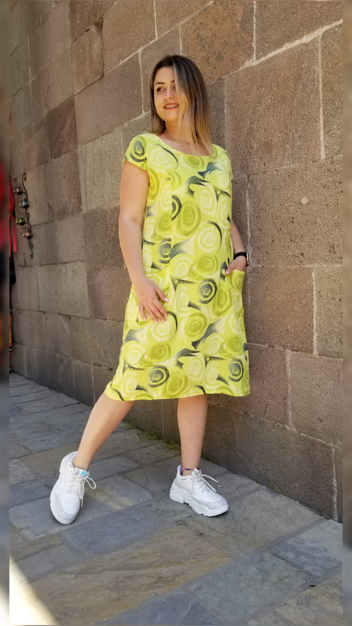 Fıstık Yeşili İtalyan Cepli Keten Elbise