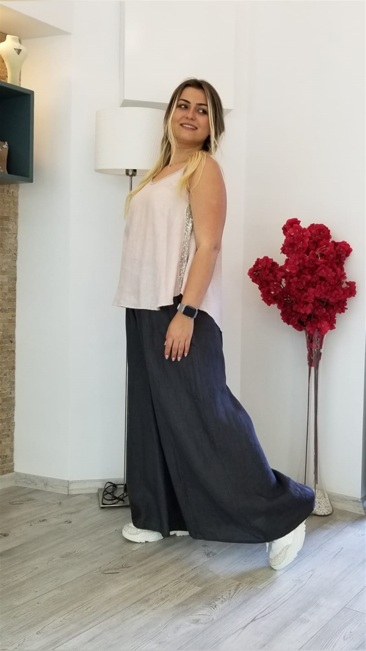 Füme İtalyan Yandan Cepli Keten Pantolon