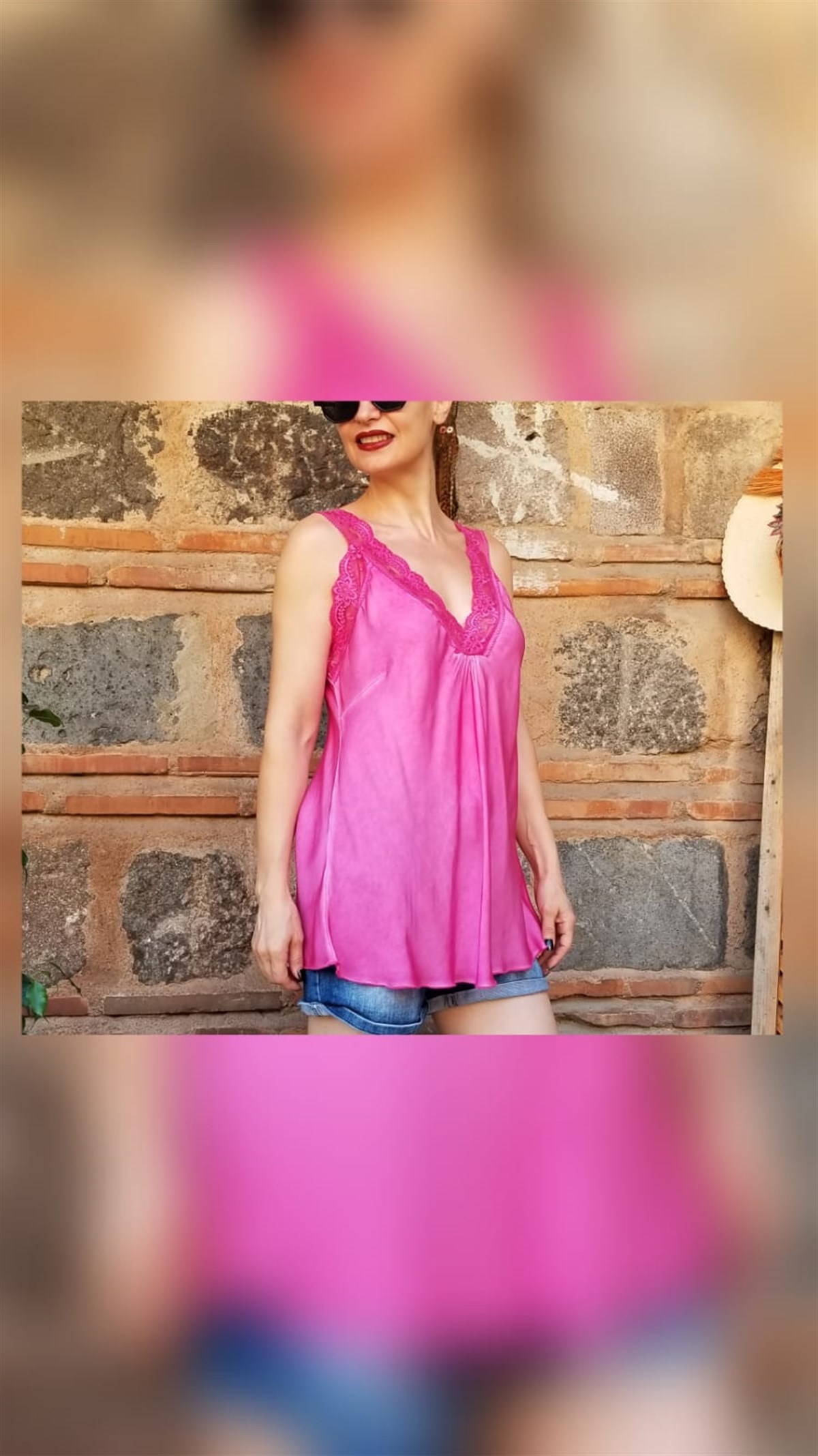 Fuşya Rergi Dantel Detaylı Bluz