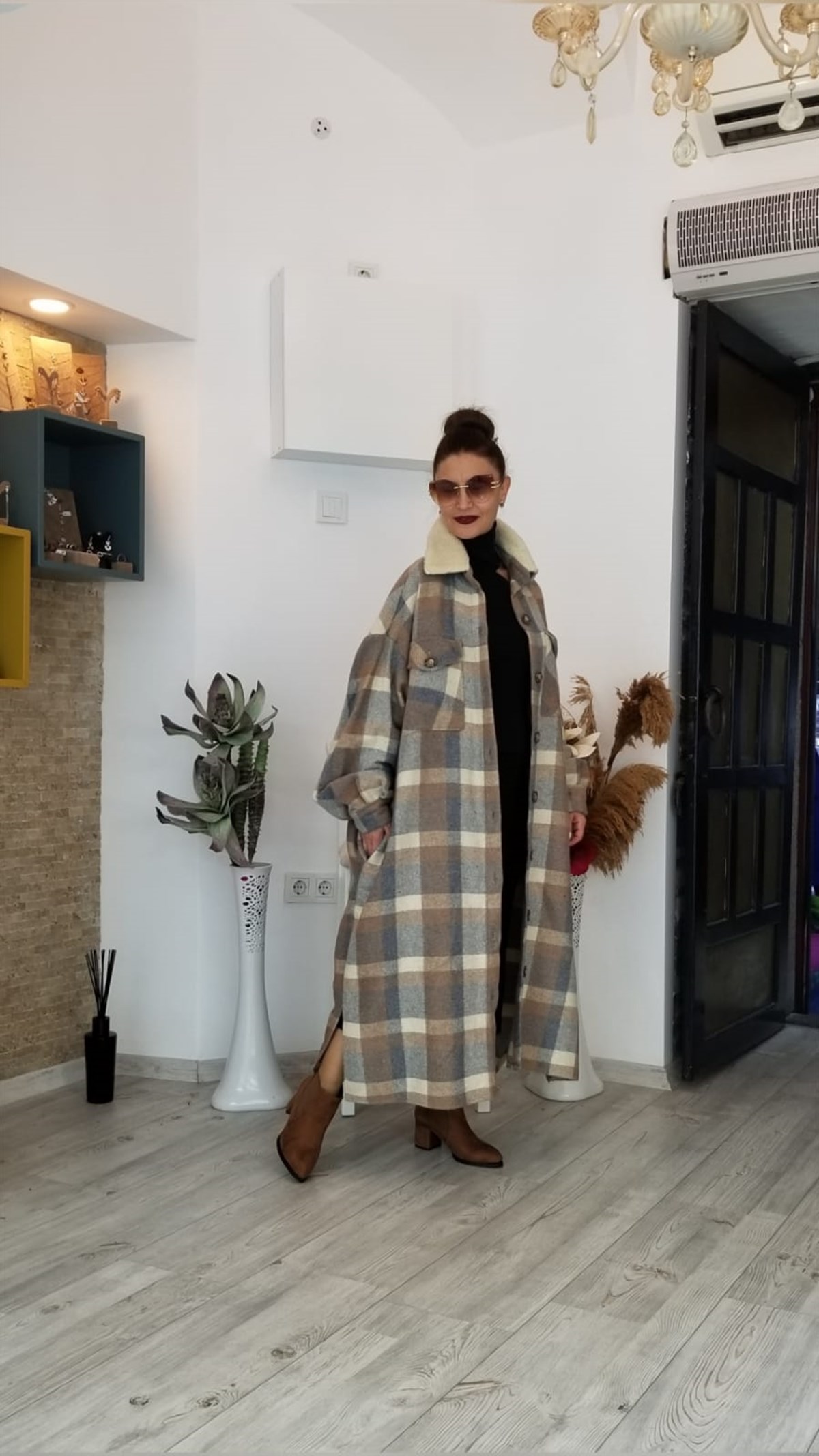 Gri Ekose Kaşe Kumaş Kaban