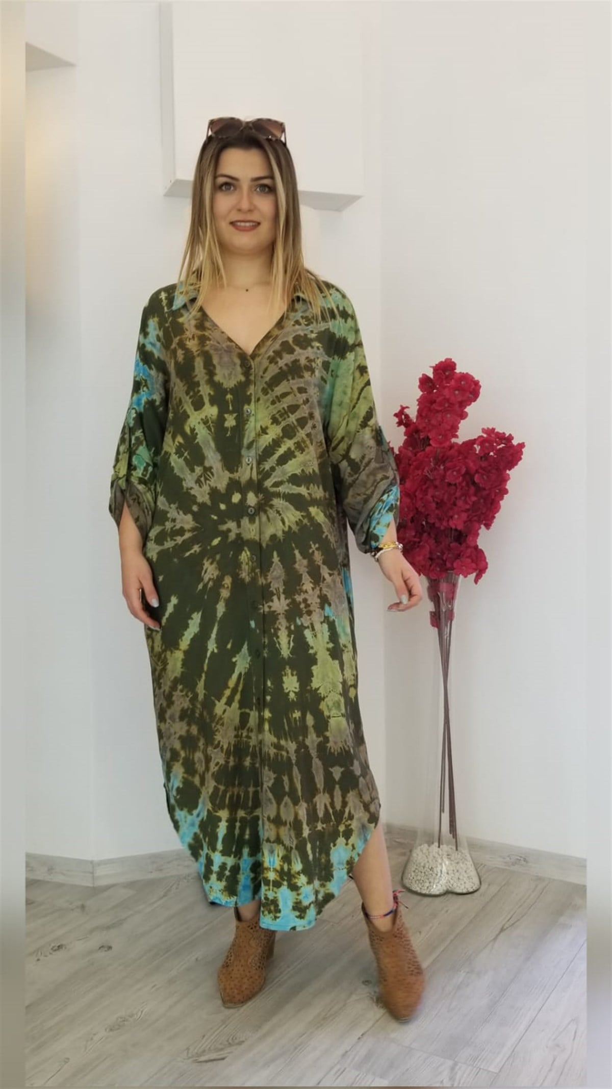 Haki Batikli Önü Full Düğmeli Gömlek Elbise