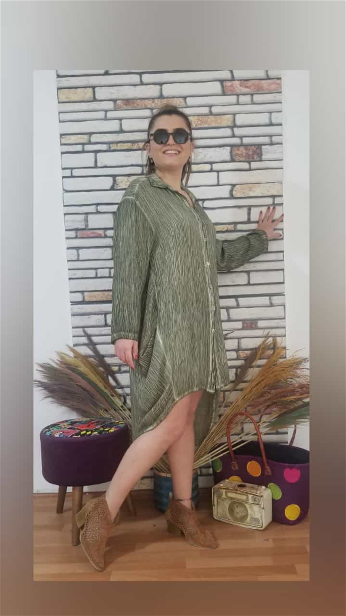 Haki Düğmeli Gömlek Elbise