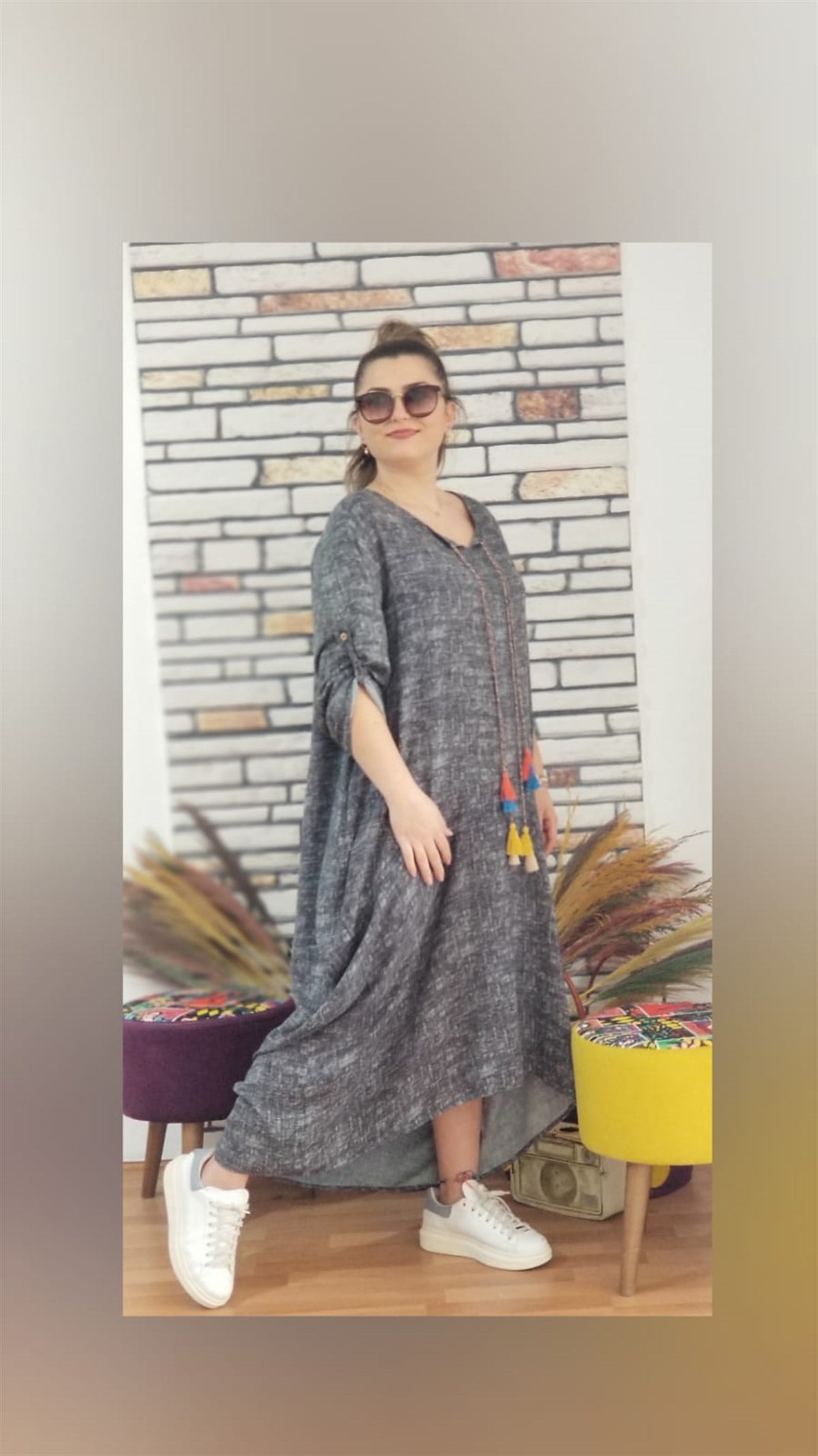 Haki Gri Kırçıllı Çepli Elbise